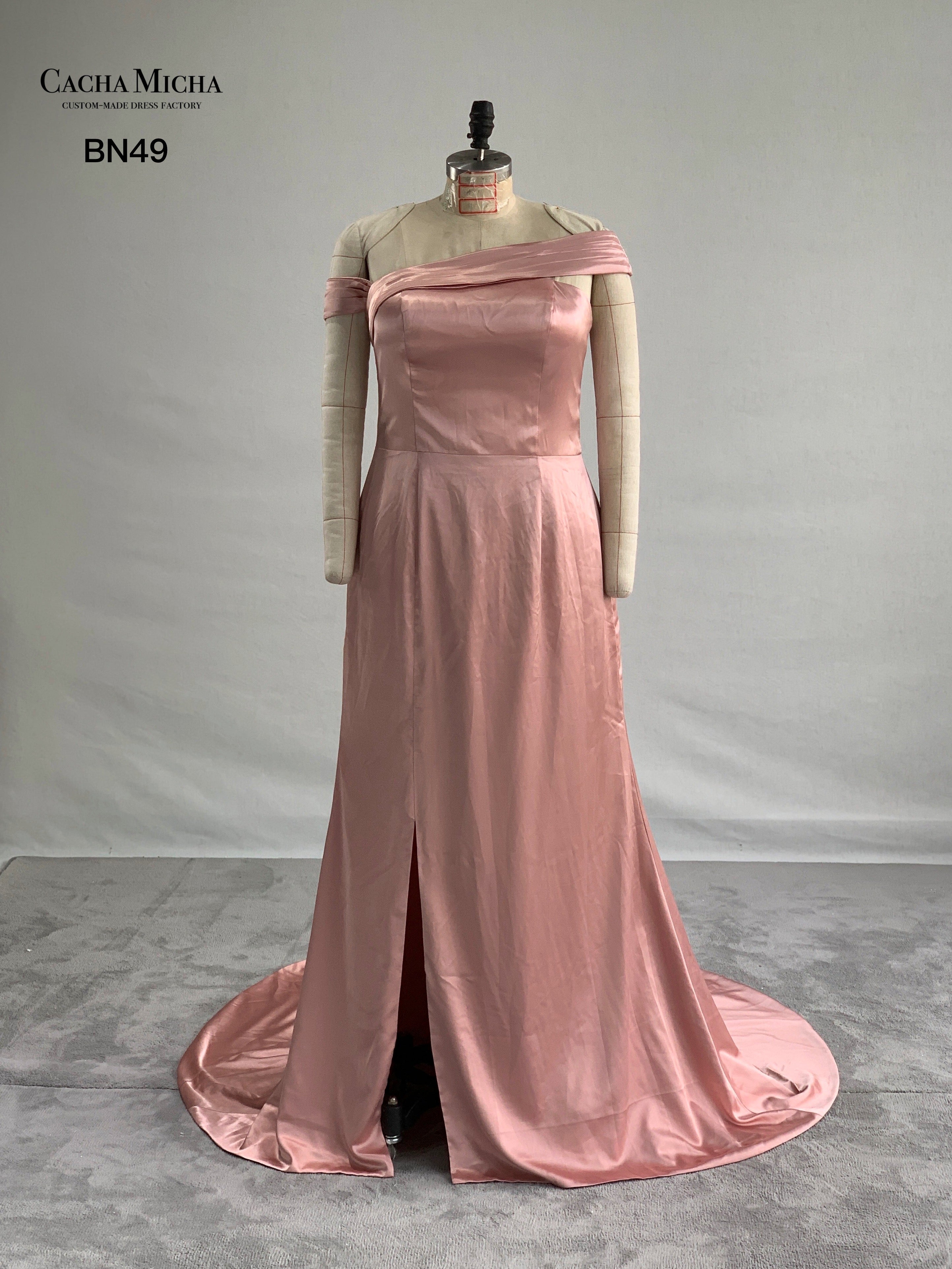 One Shoulder Dusty Pink Satin Bridesmaid Dress BN49