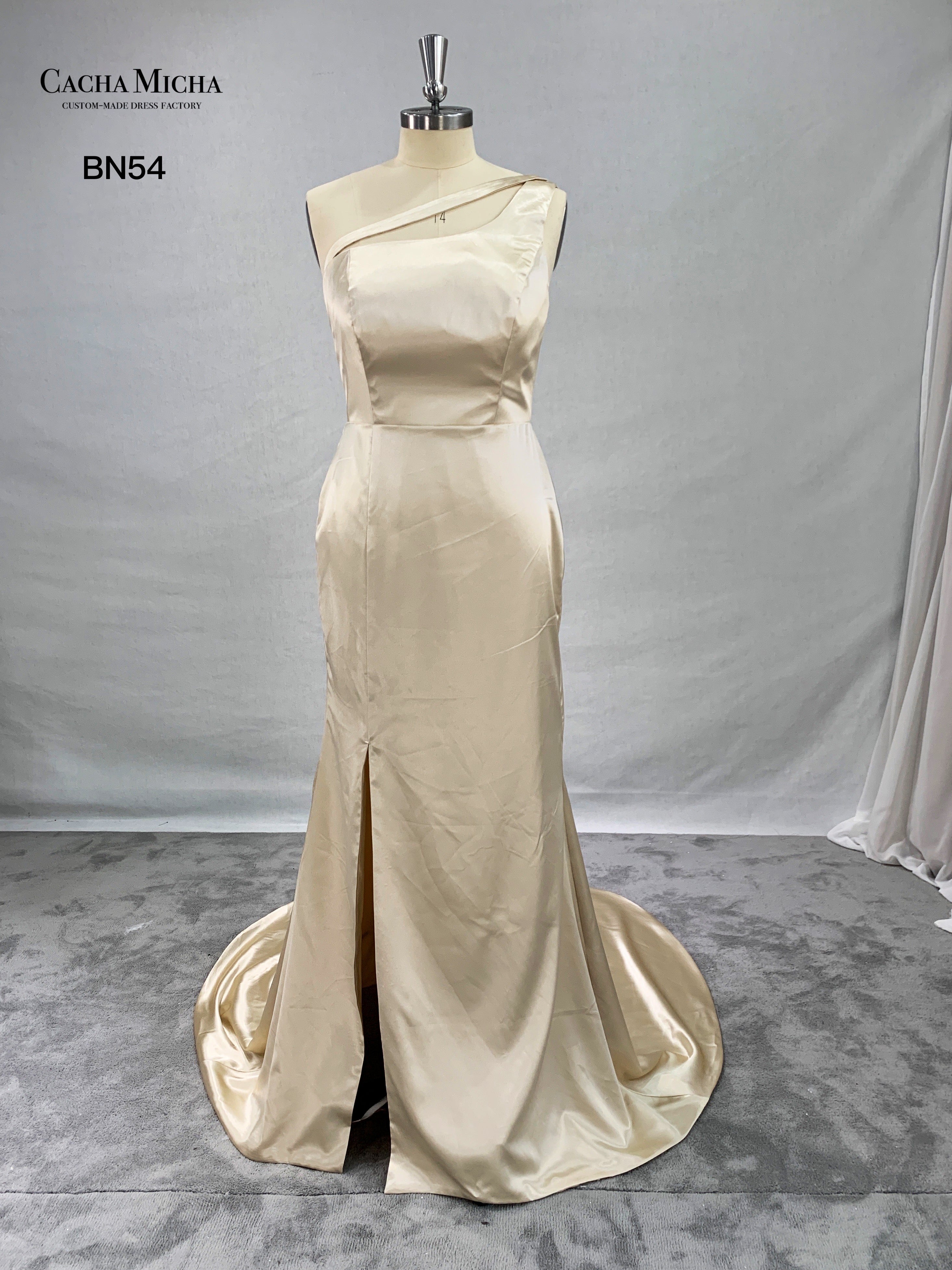 One Shoulder Champagne Satin Bridesmaid Dress BN54