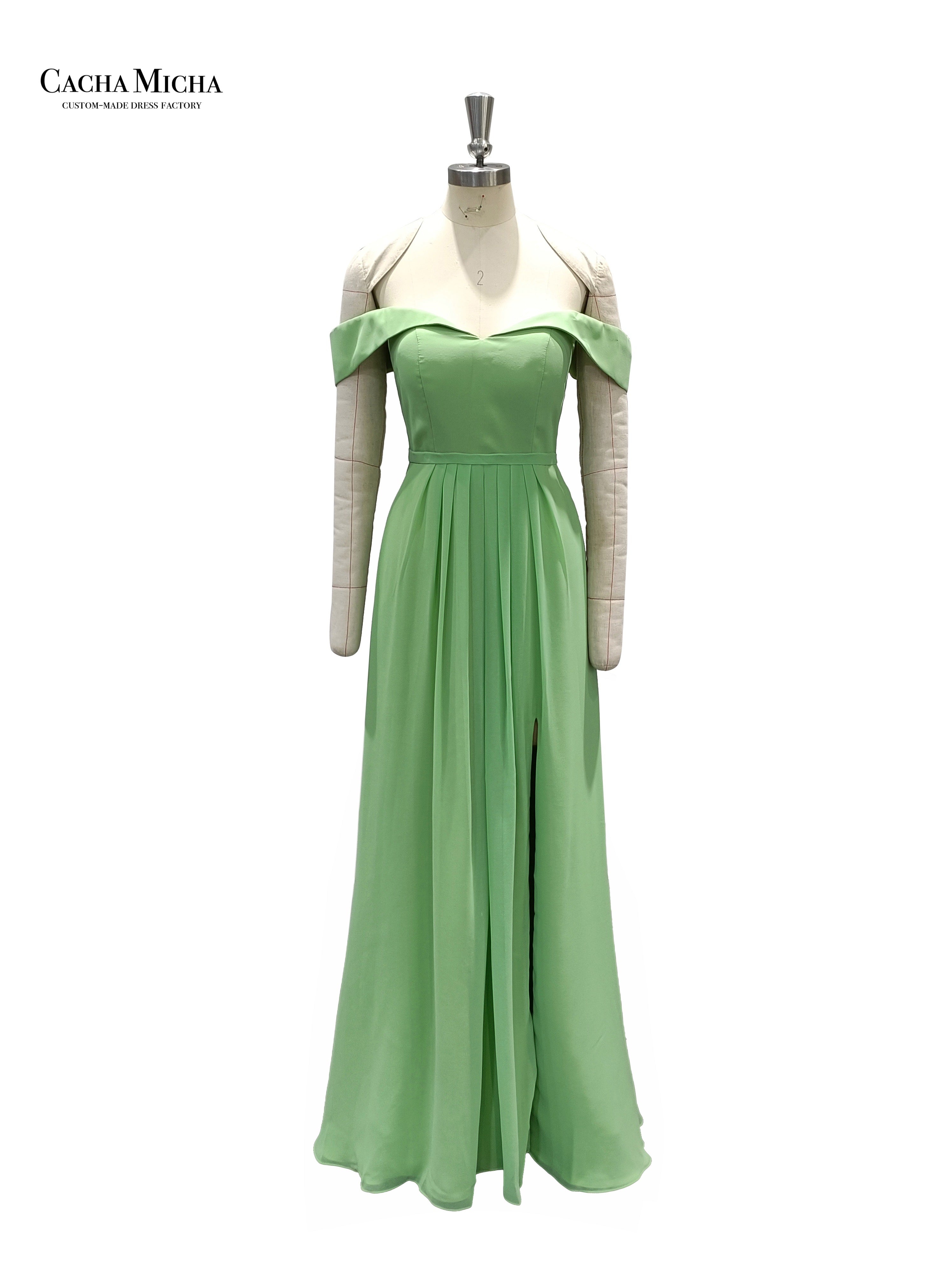 Off Shoulder Green Chiffon Bridesmaid Dress BN63