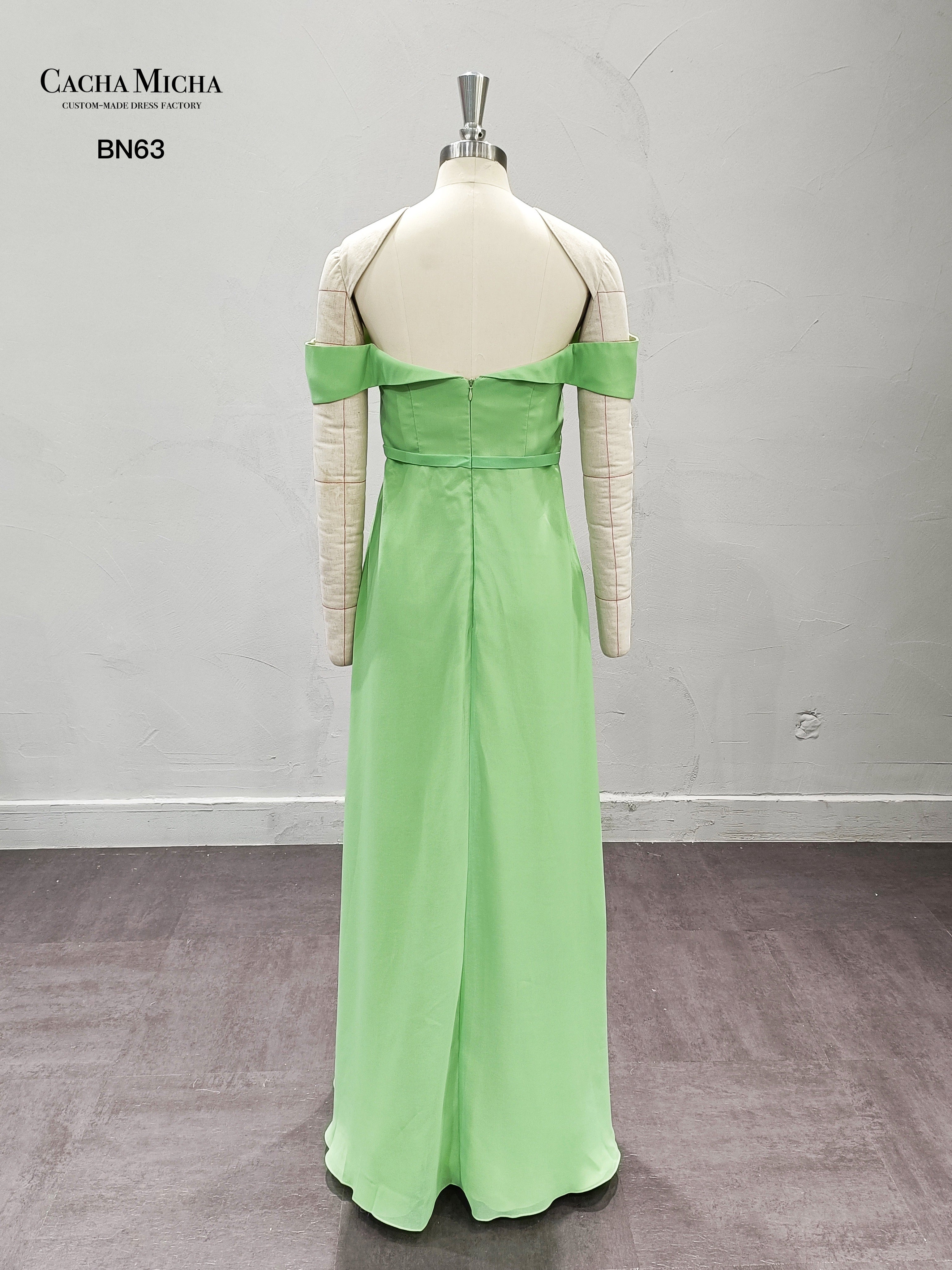 Off Shoulder Green Chiffon Bridesmaid Dress BN63