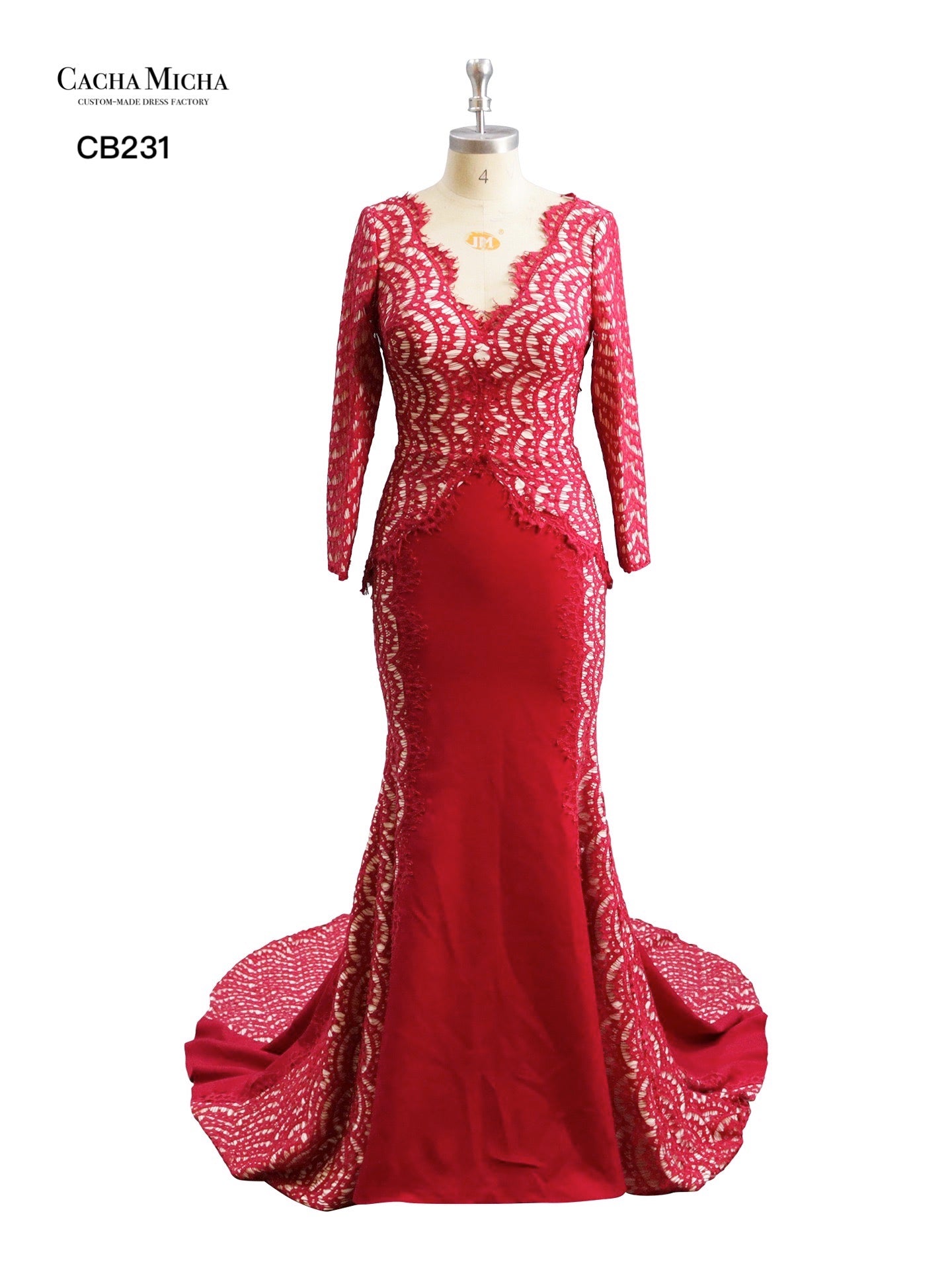 Long Sleeves Red Lace Mermaid Prom Dress CB231