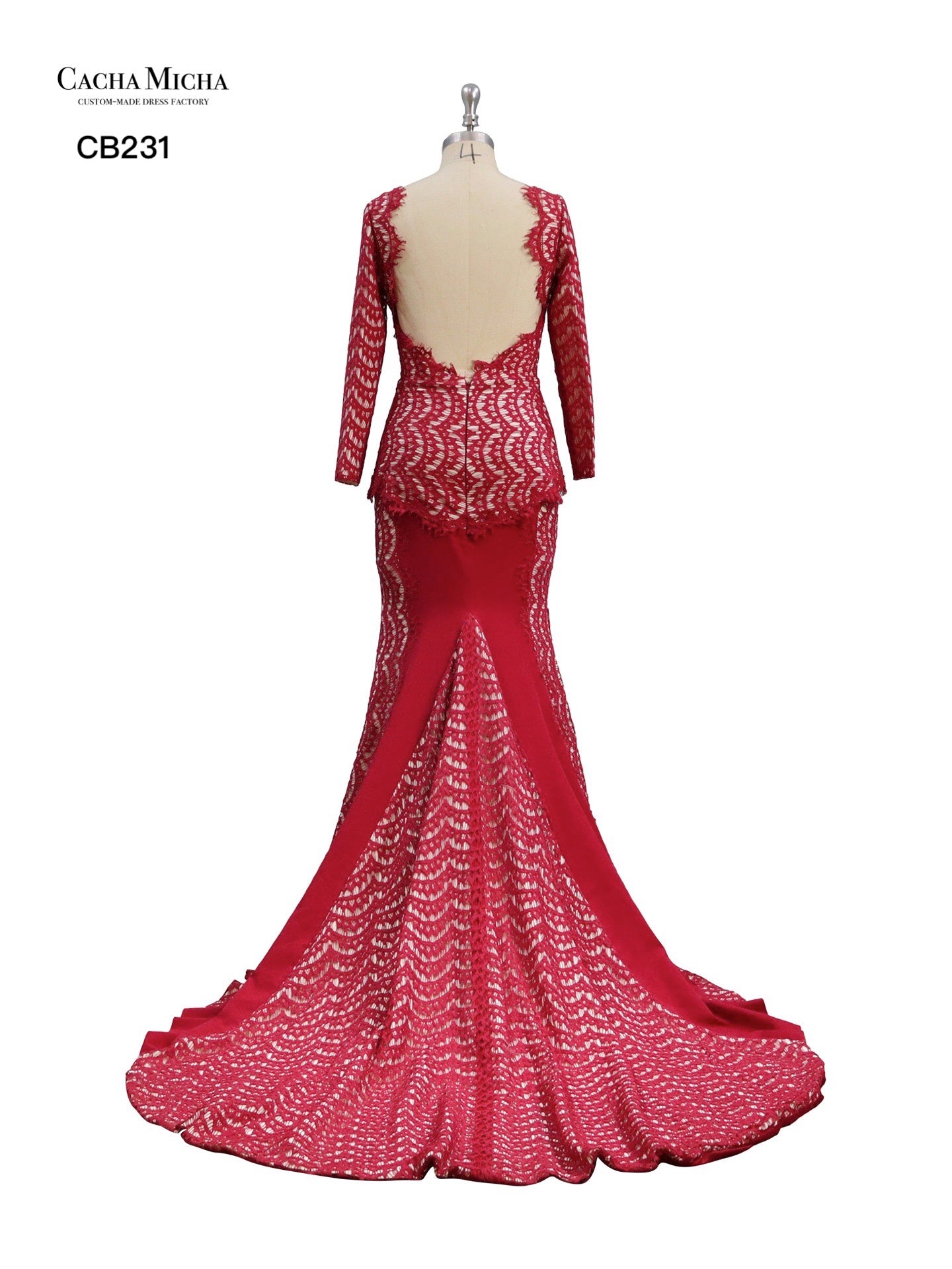 Long Sleeves Red Lace Mermaid Prom Dress CB231