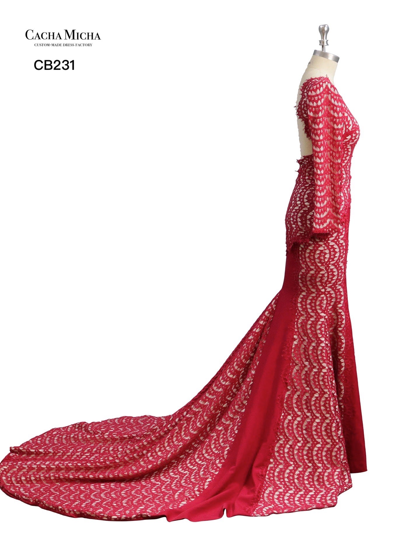 Long Sleeves Red Lace Mermaid Prom Dress CB231