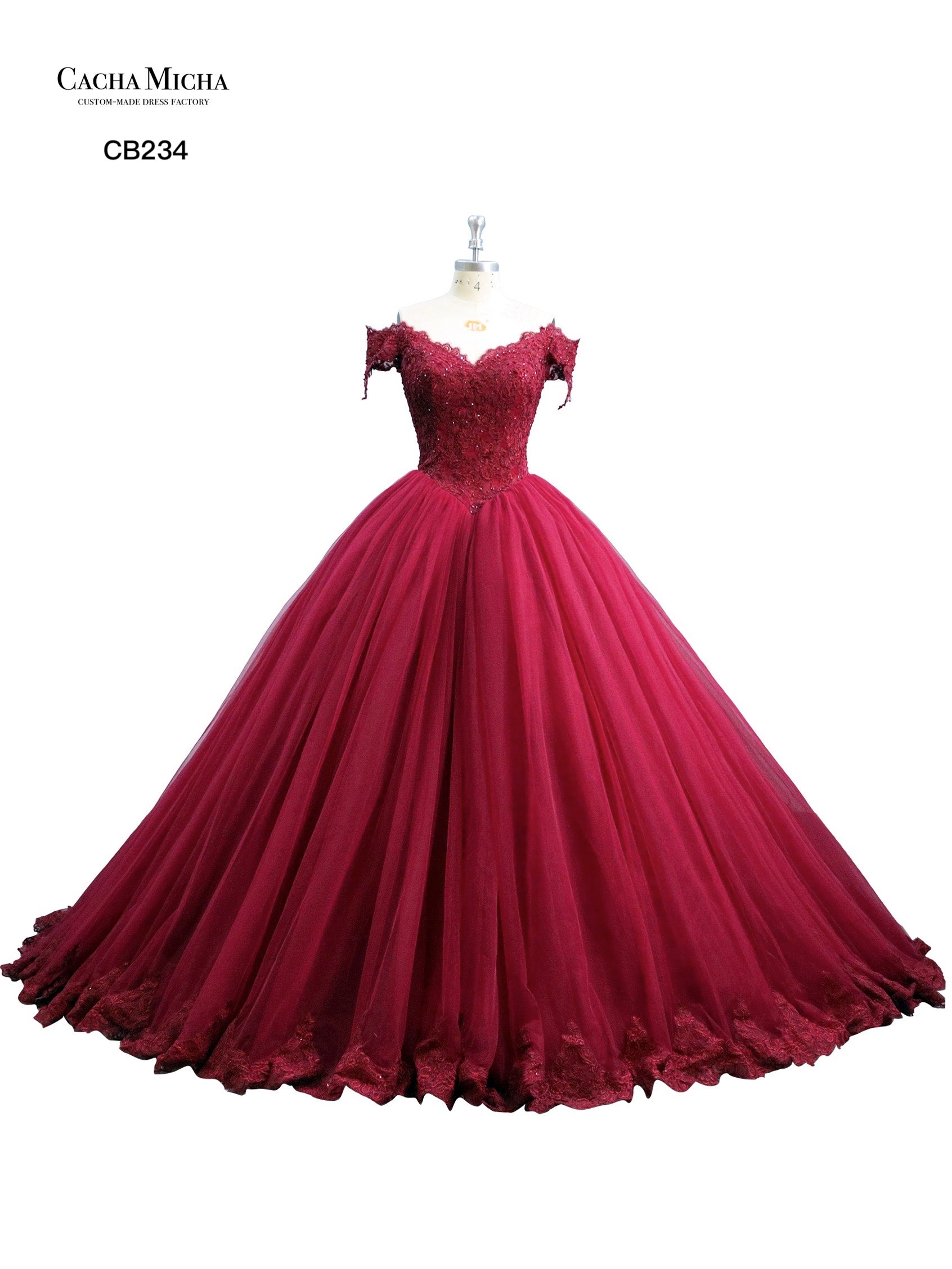 Beaded Lace Burgundy Red Ball Gown Prom Dress CB234