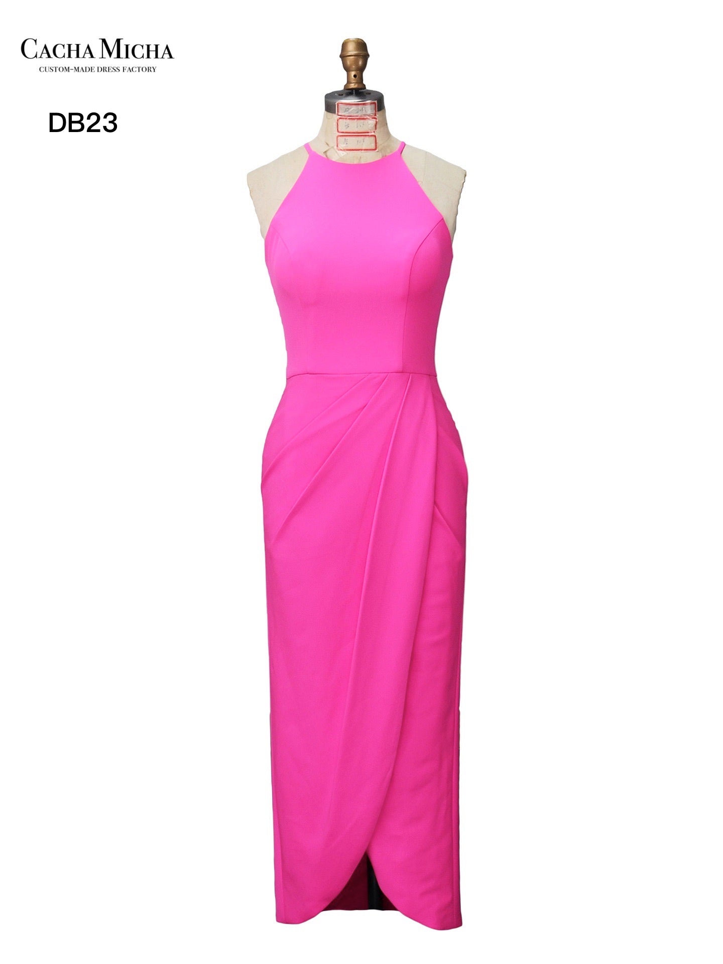 Halter Neck Fushcia Crepe Knee Length Bridesmaid Dress DB23