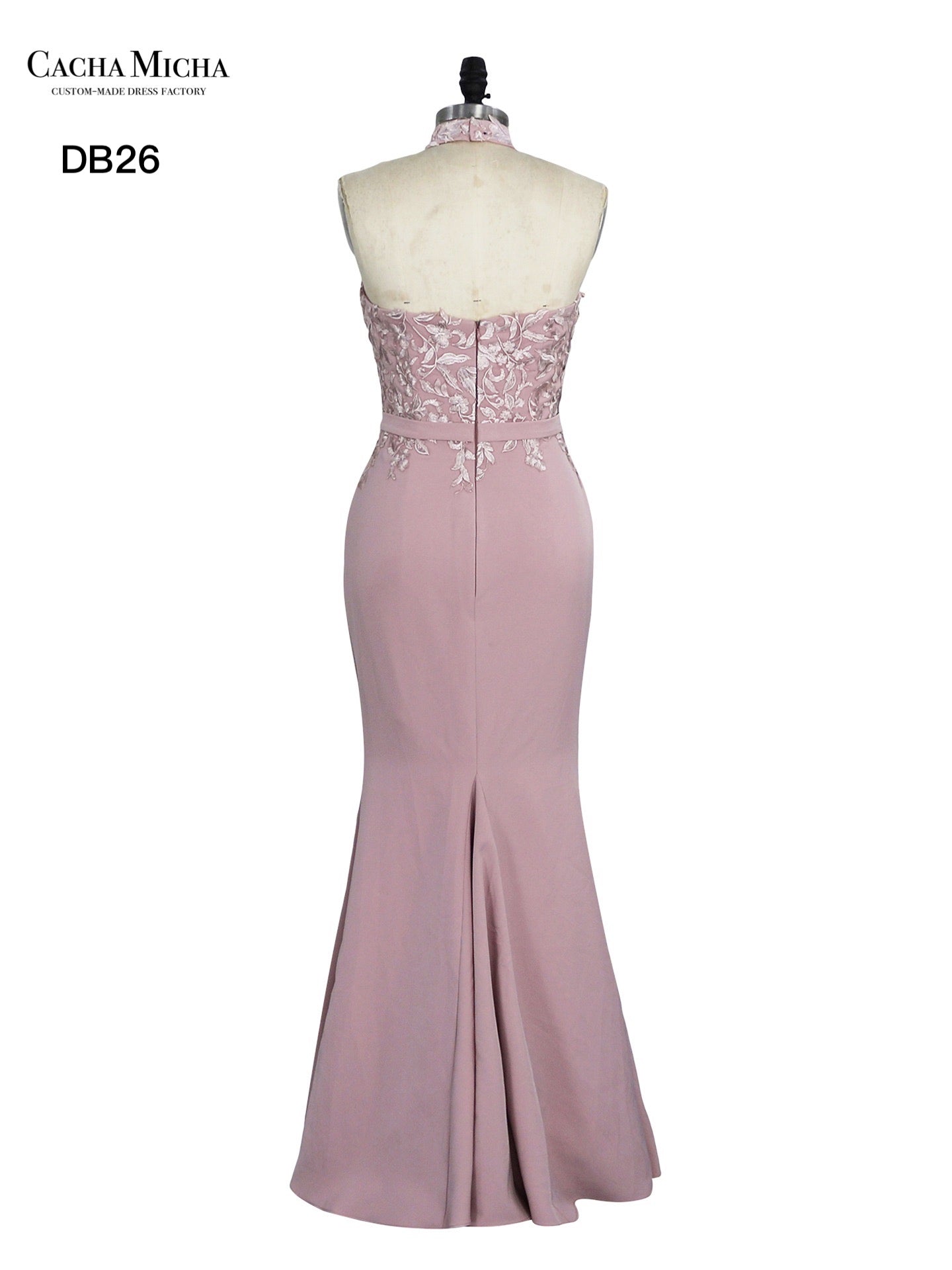 Halter Neck Lace Top Dusty Pink Crepe Bridesmaid Dress DB26