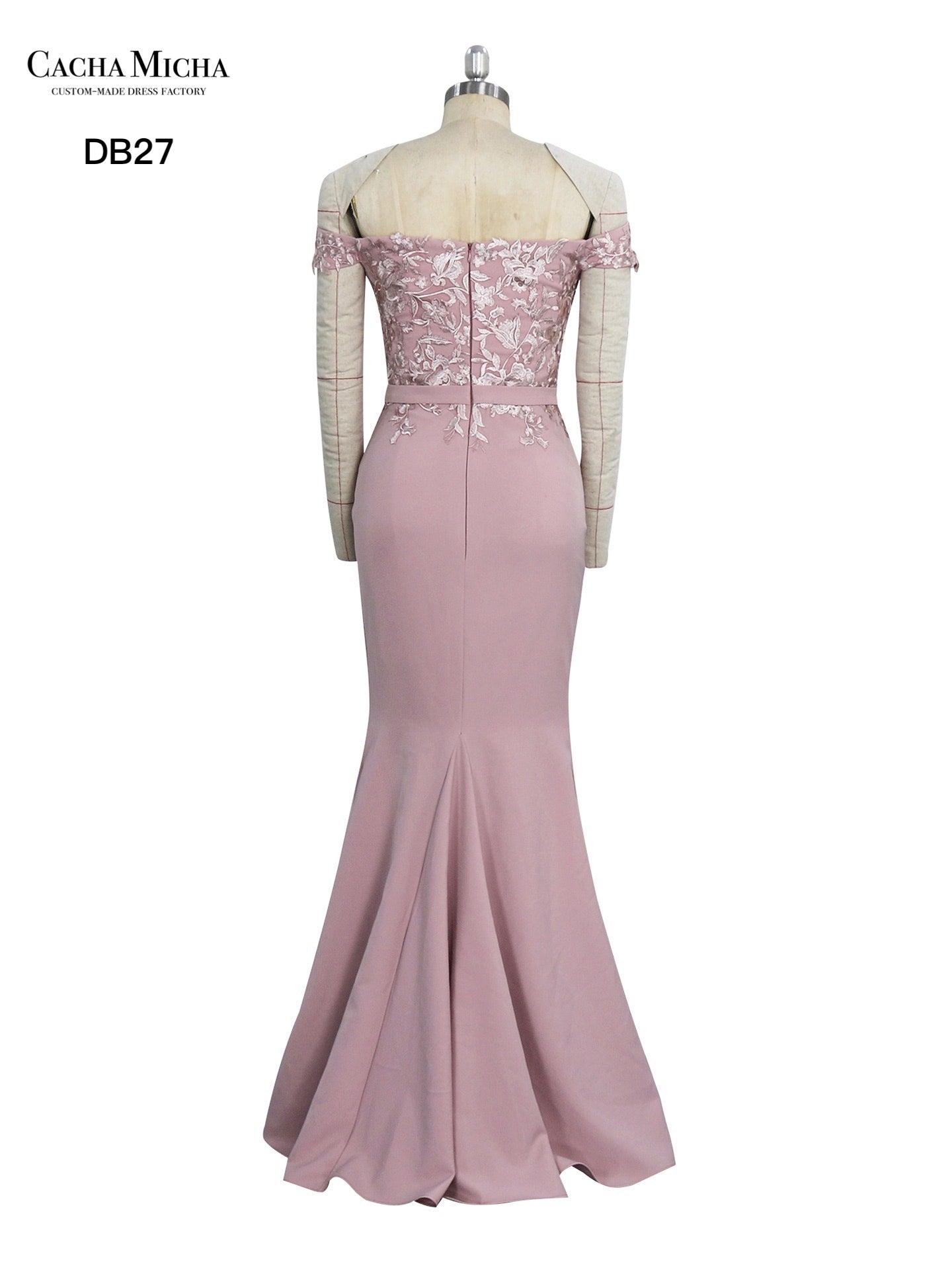 Off Shoulder Lace Top Dusty Pink Crepe Bridesmaid Dress DB27