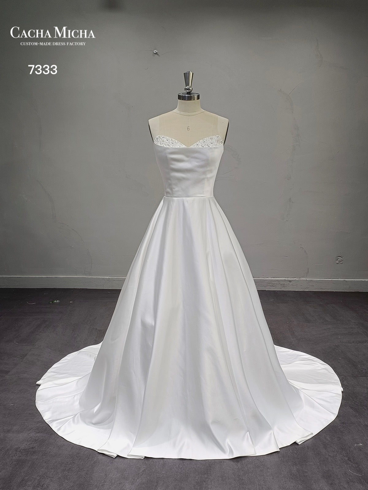 Classic Pearl Beaded A Line Satin Wedding Dress 7333