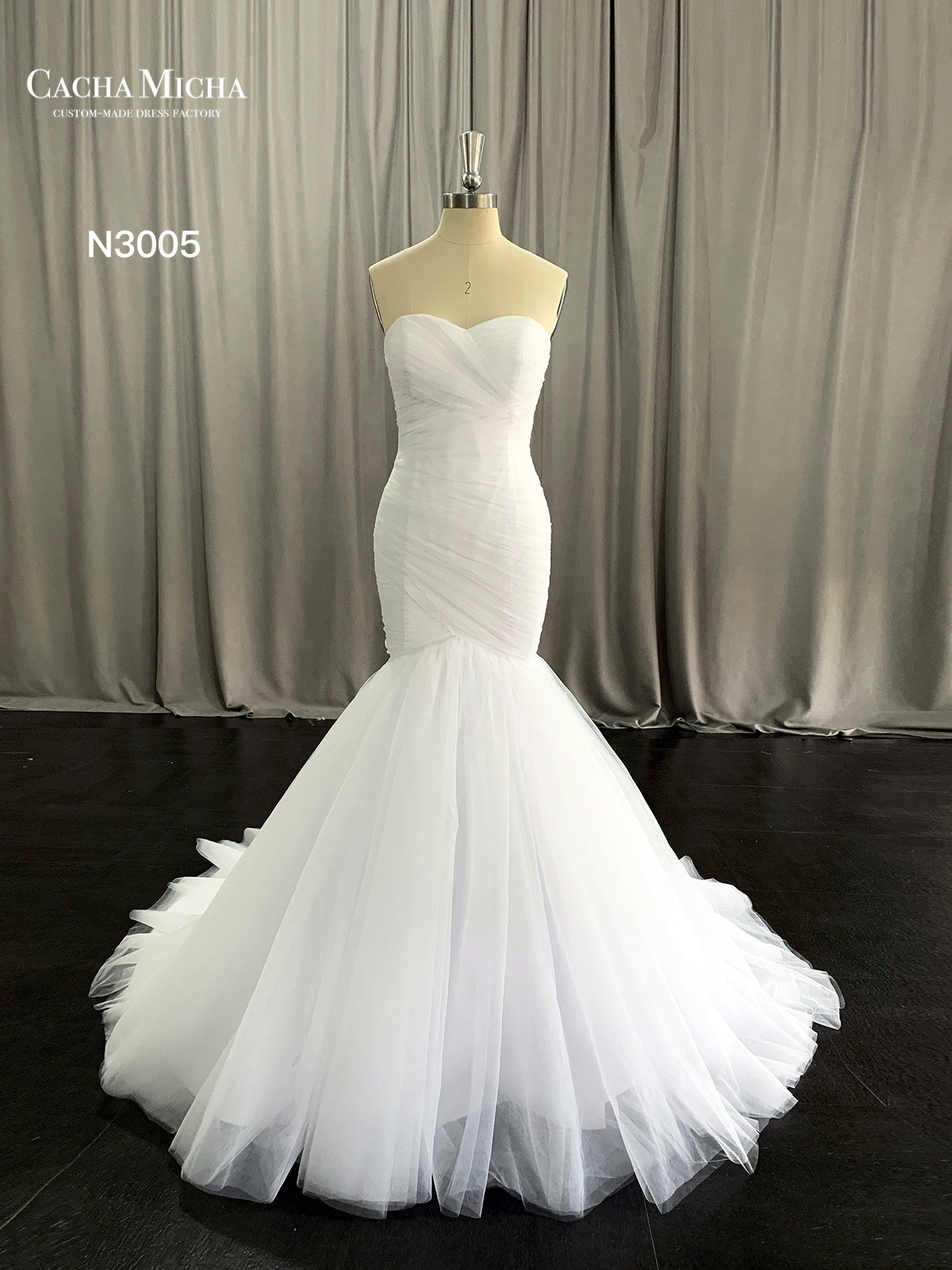 Classic Pleated Tulle Mermaid Wedding Dress N3005