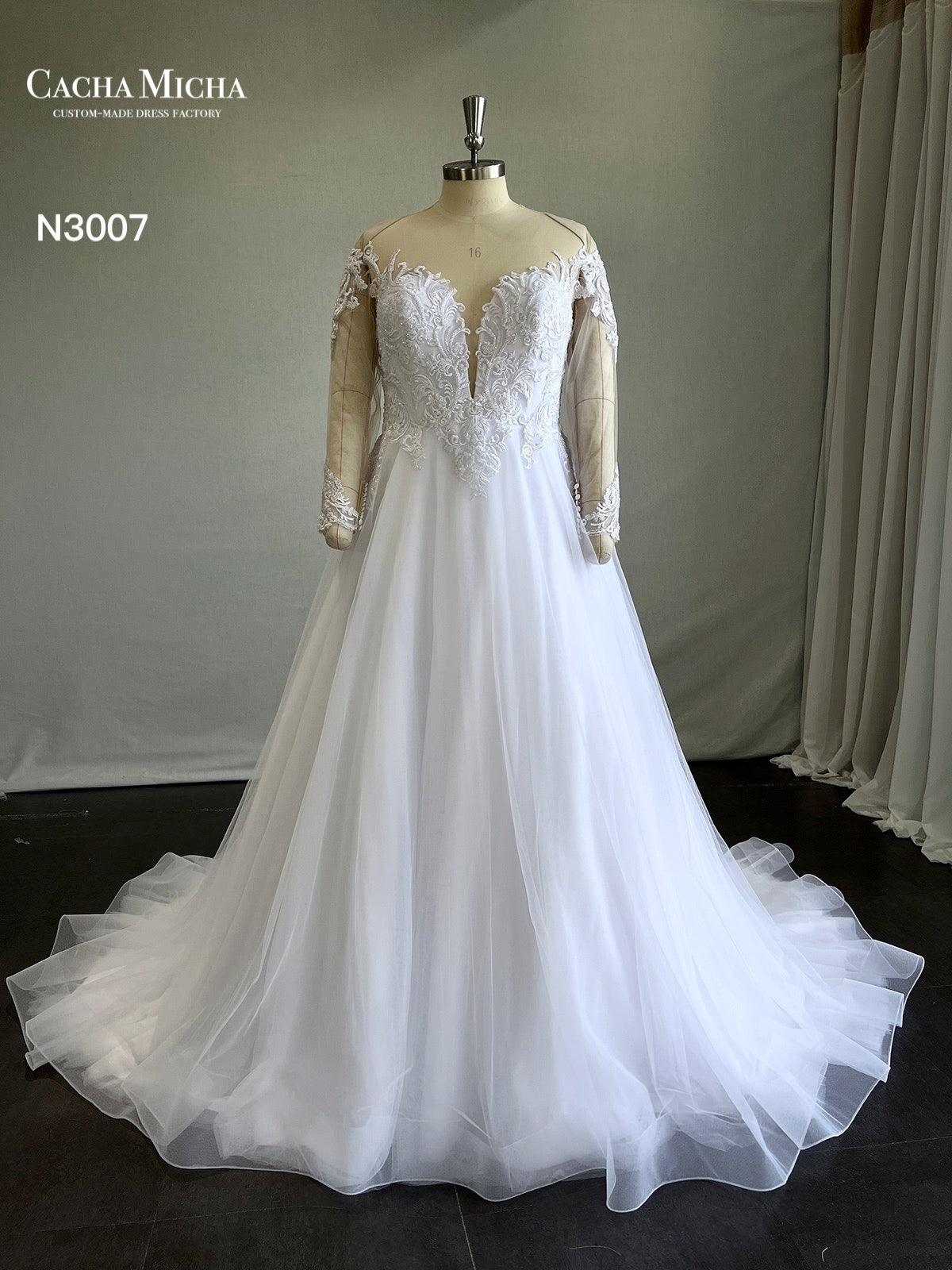 Beaded Lace Long sleeves A Line Wedding Dress N3007