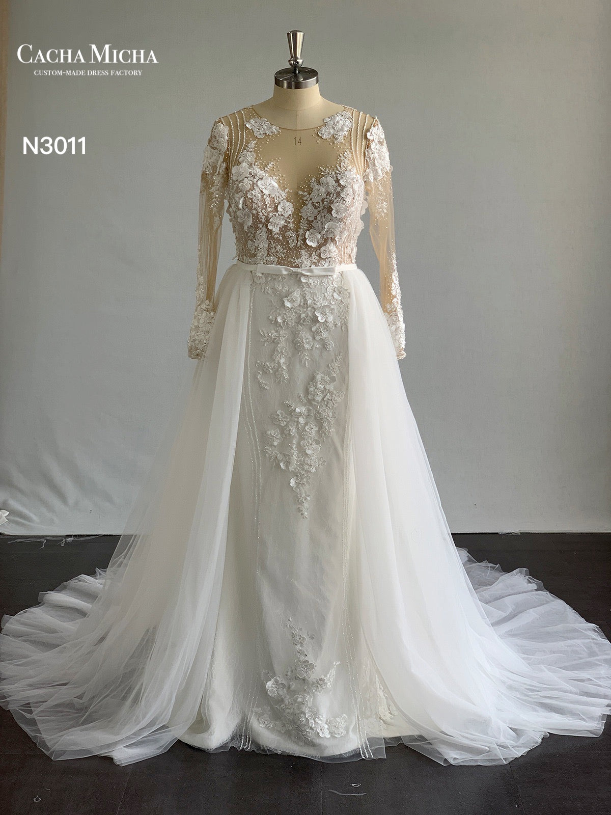 Heavy Beaded 3D Lace Long Sleeves 2 In 1 Wedding Dress N3011