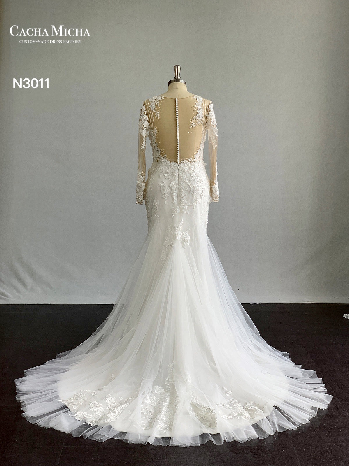 Heavy Beaded 3D Lace Long Sleeves 2 In 1 Wedding Dress N3011