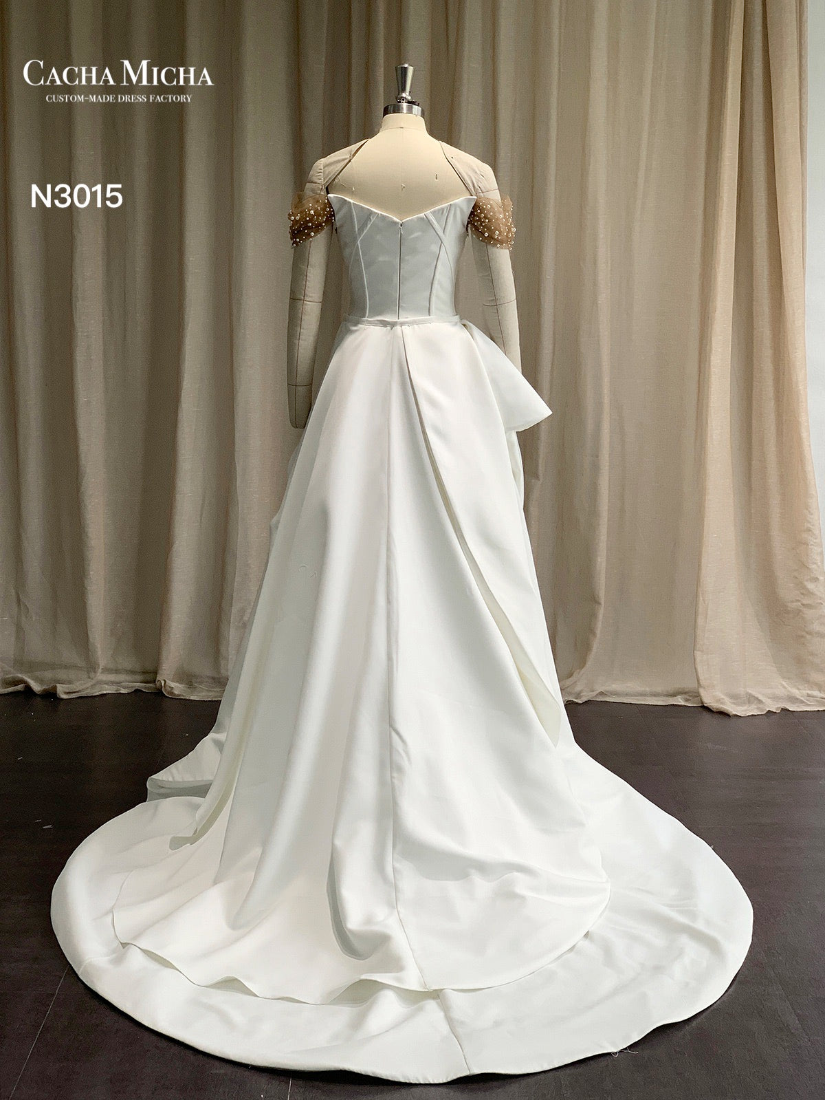 Detachable Train Pearl Beaded Corset Top Wedding Dress N3015