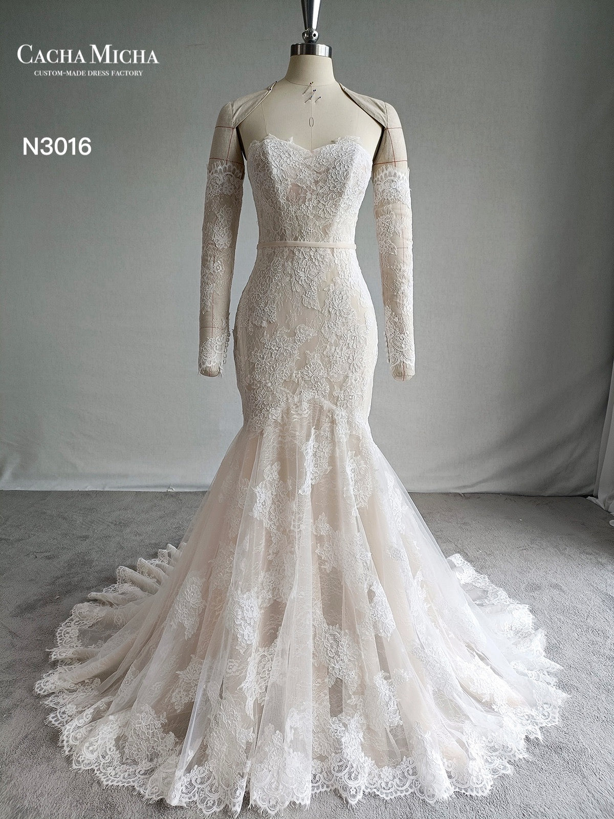 Champagne Color Mermaid Design French Lace Wedding Dress N3016