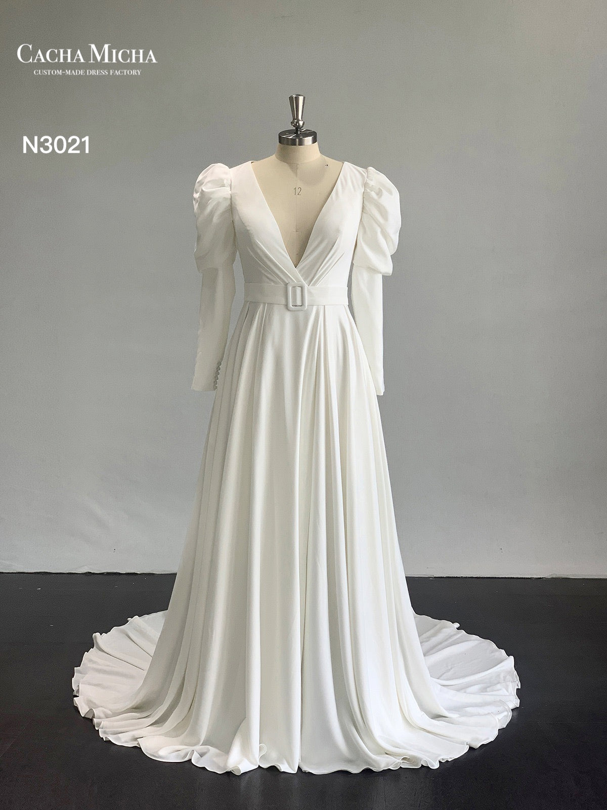 Puffy Sleeves Deep V Neck Crepe Wedding Dress N3021