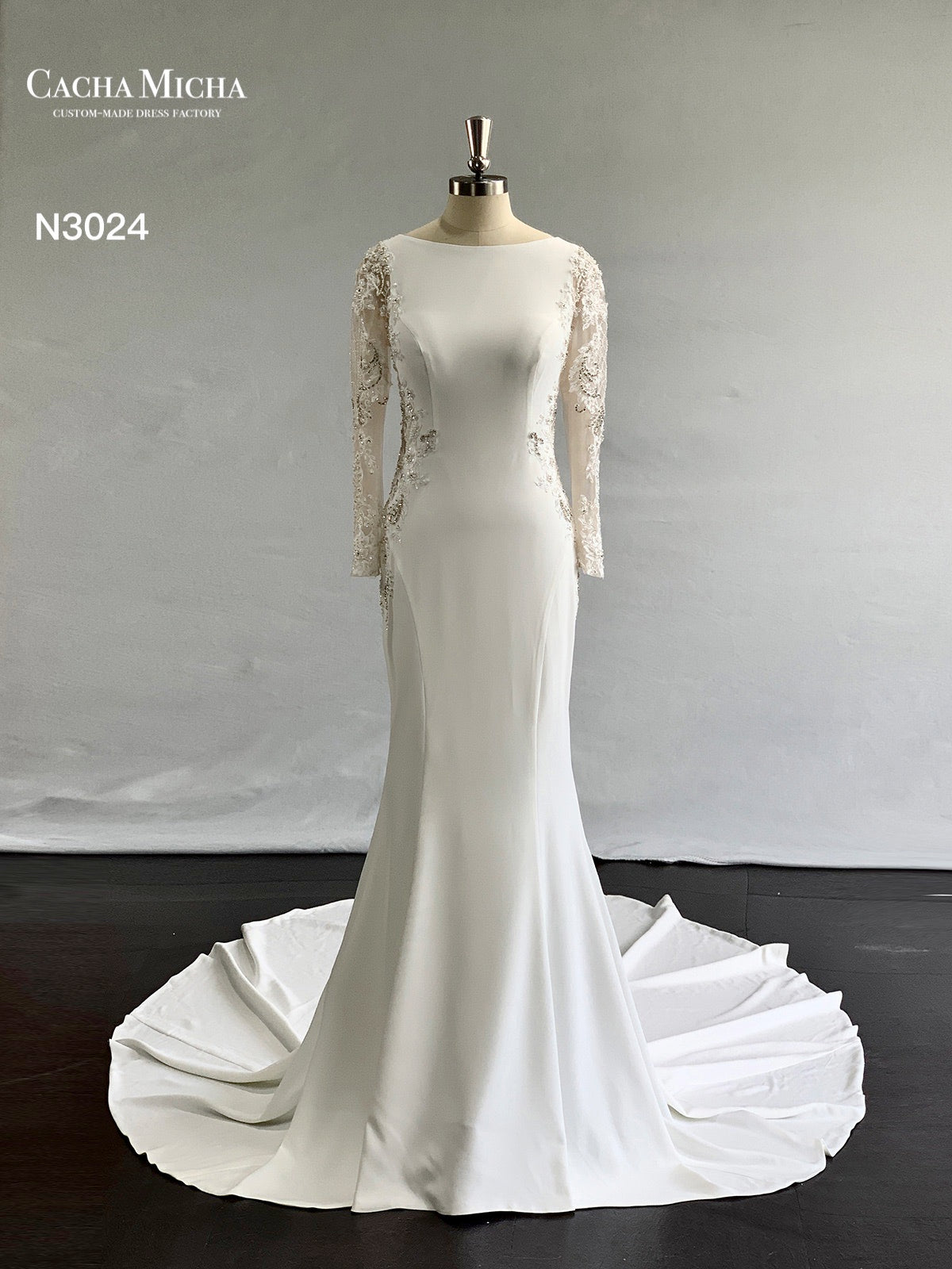 Crystal Beaded Lace Long Sleeves Crepe Mermaid Wedding Dress N3024