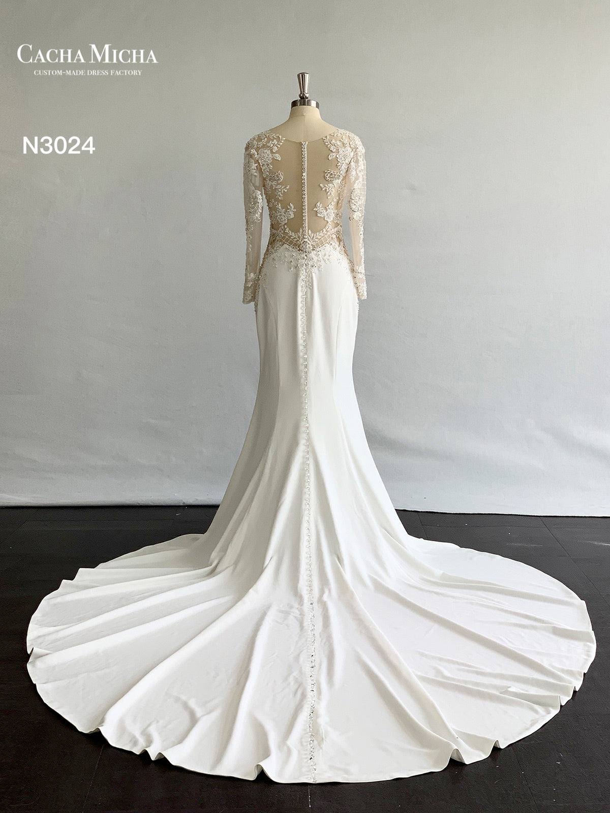 Crystal Beaded Lace Long Sleeves Crepe Mermaid Wedding Dress N3024