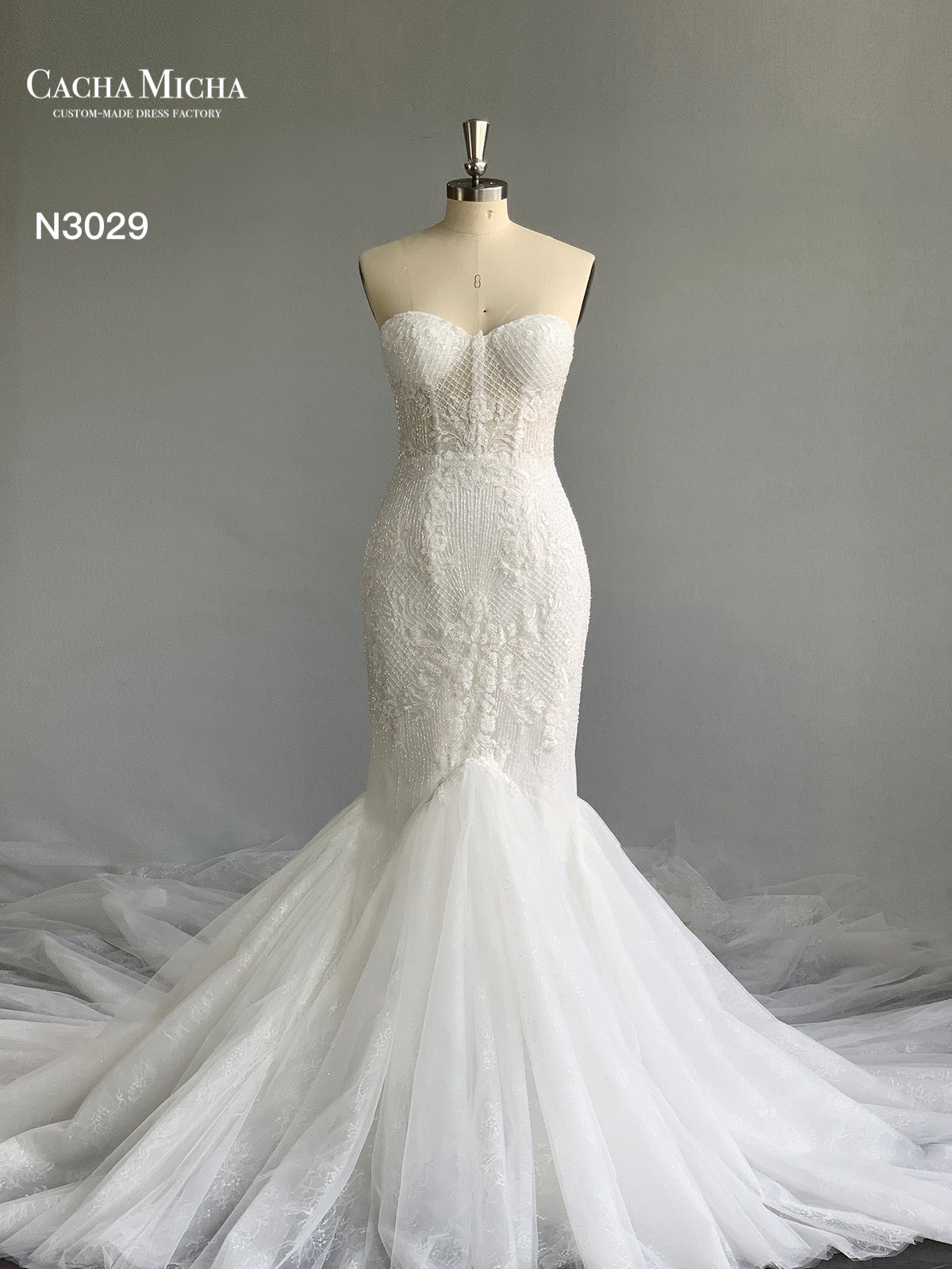 Heavy Beaded Cathedral Train Lace Wedding Dress N3029