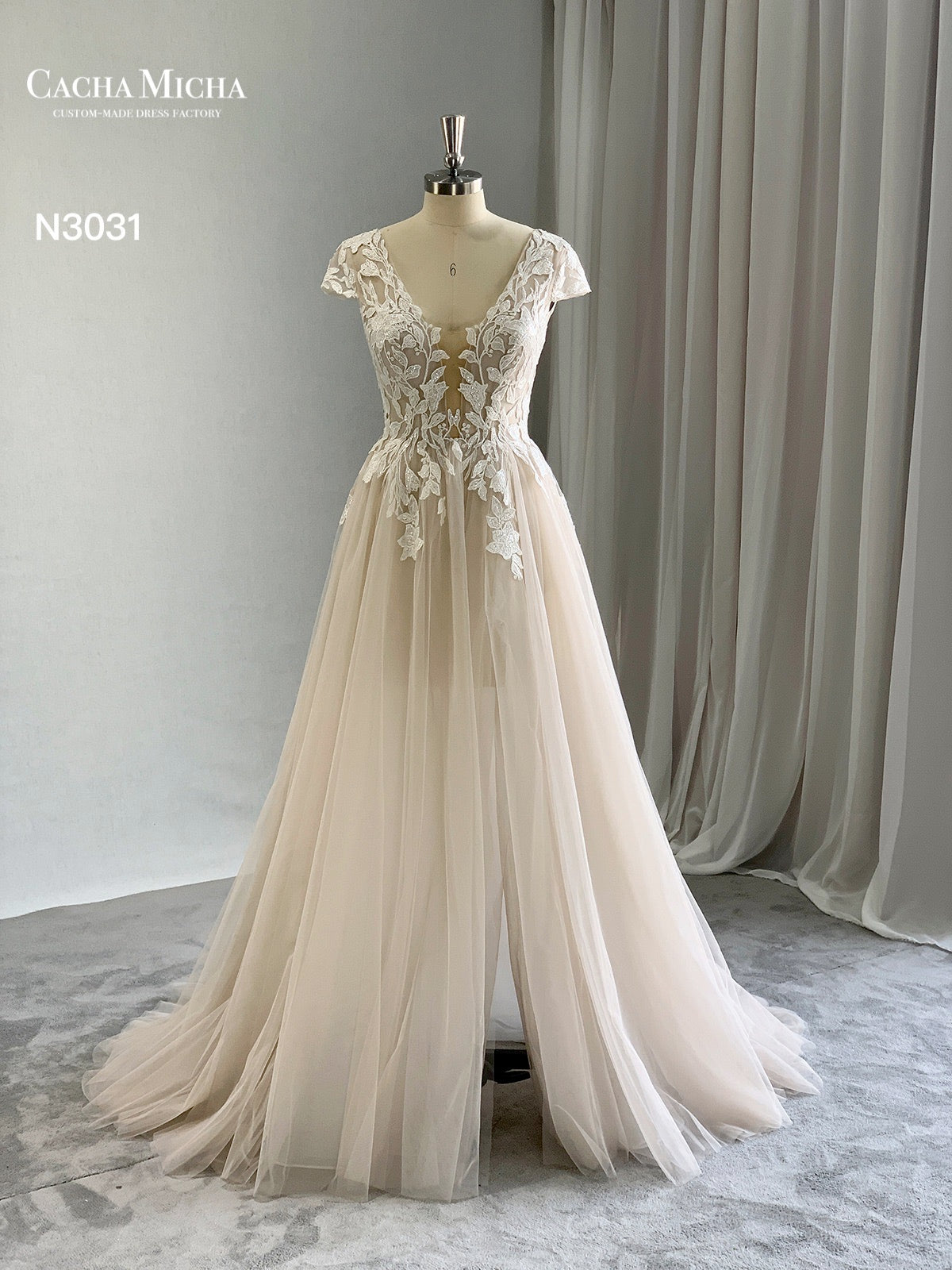 Cap Sleeves Lace Backless Side Slit Champagne Wedding Dress N3031