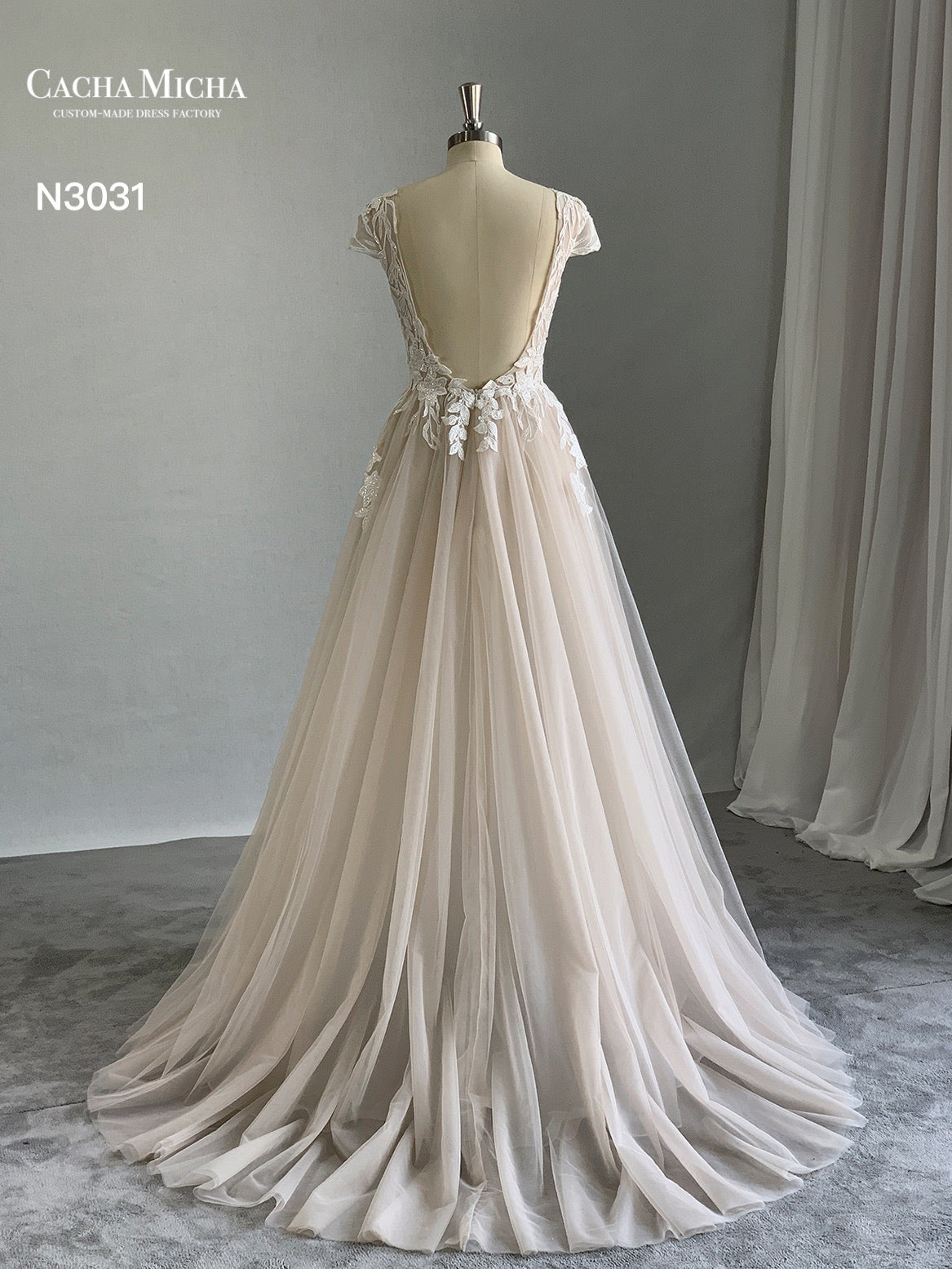 Cap Sleeves Lace Backless Side Slit Champagne Wedding Dress N3031