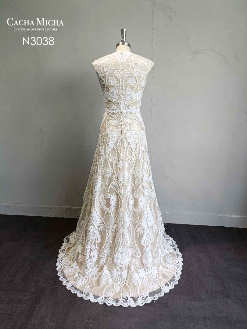 Cap Sleeves Champagne Color Lace Boho Wedding Dress N3038