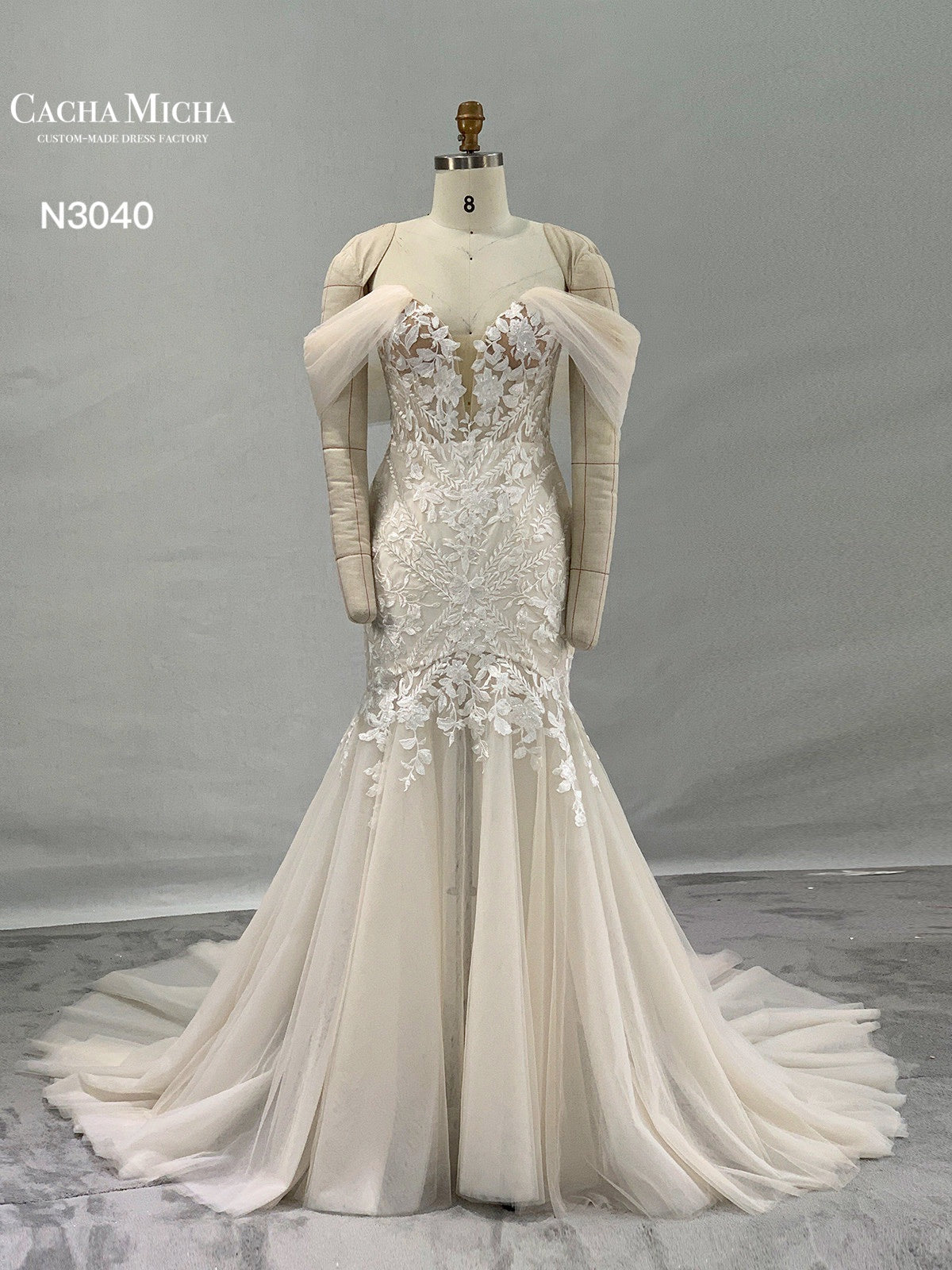 Off Shoulder Champagne Lace Mermaid Wedding Dress N3040