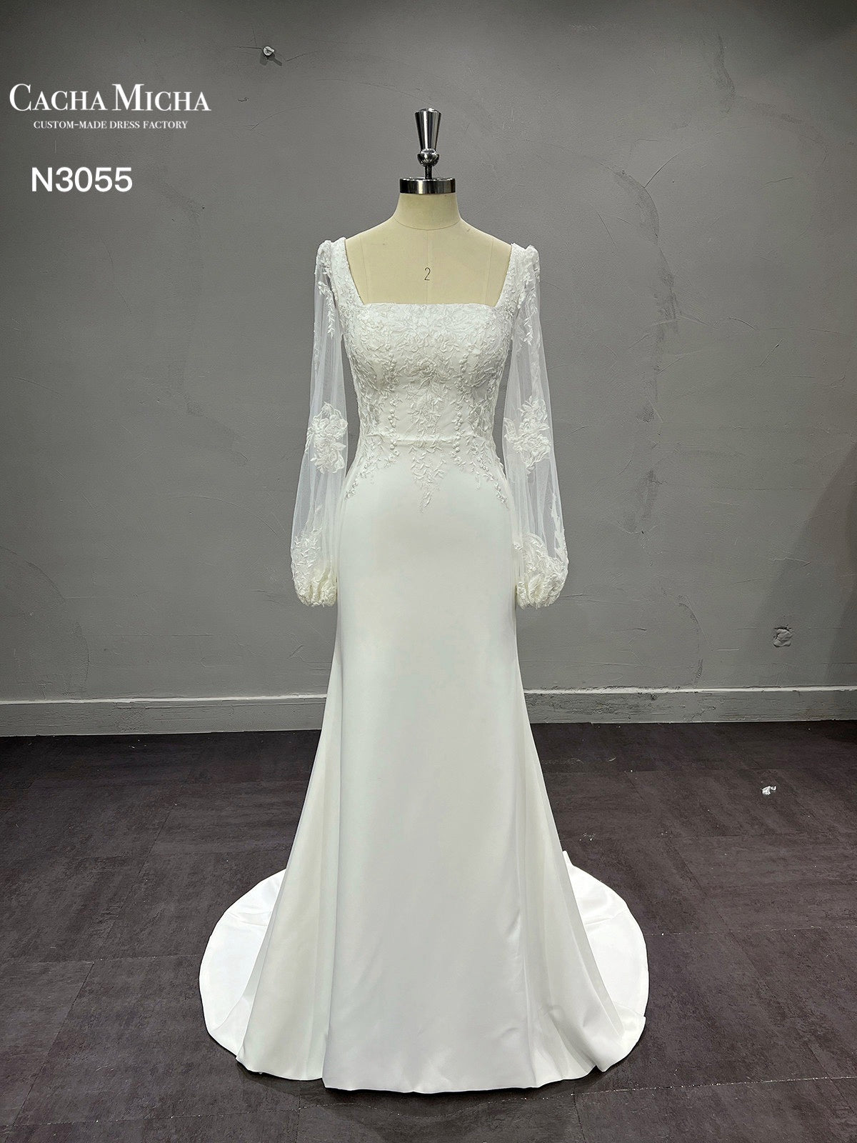 Puffy Long Sleeves Crepe Fitted Wedding Dress N3055