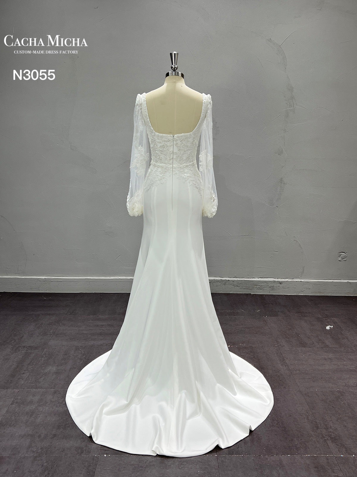 Puffy Long Sleeves Crepe Fitted Wedding Dress N3055