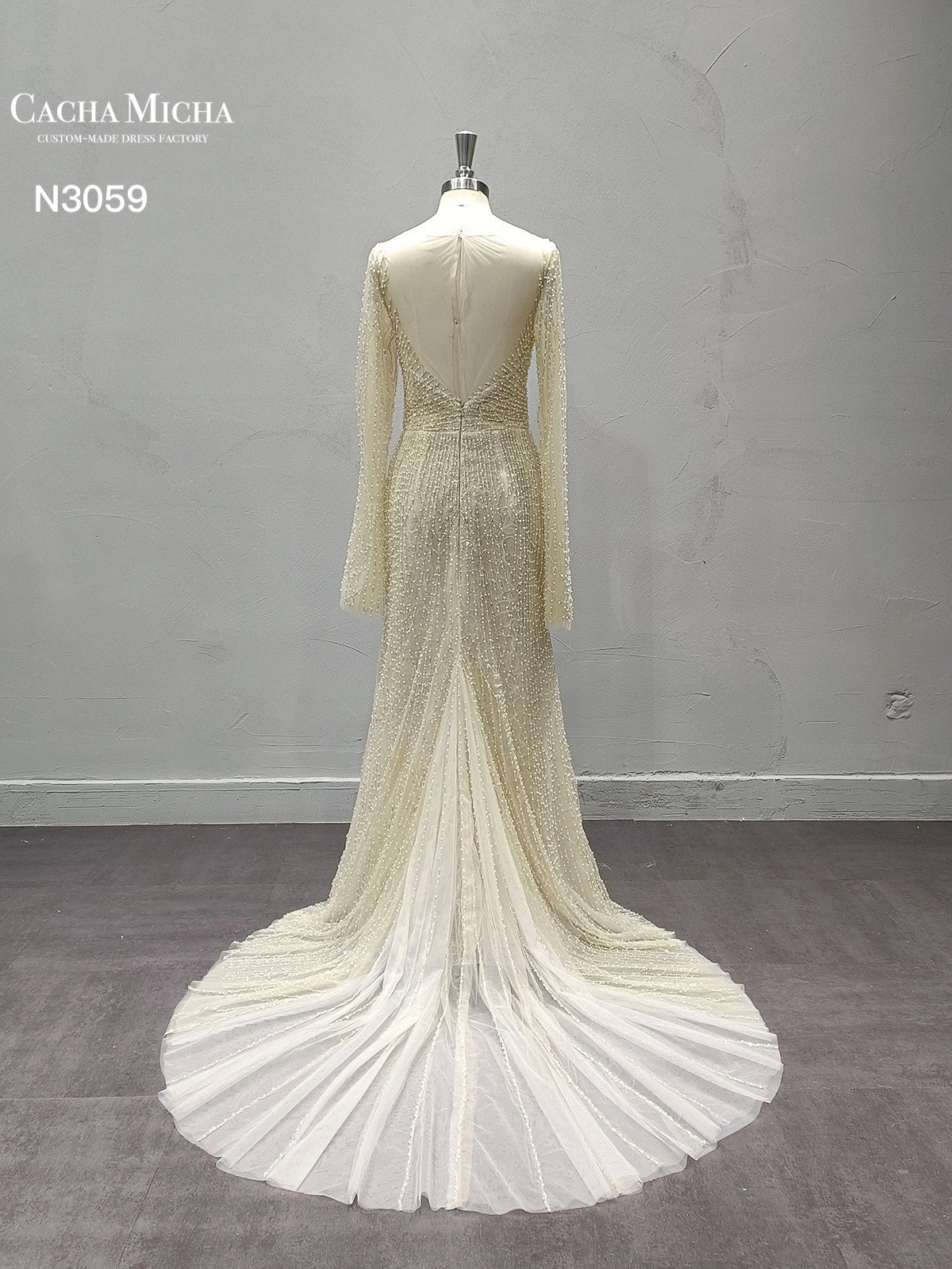 Long Sleeve Heavy Beaded Champagne Wedding Dress N3059