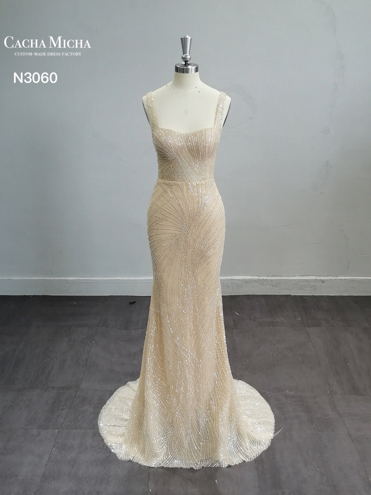 Stunning Heavy Beaded Lace Champagne Wedding Dress N3060