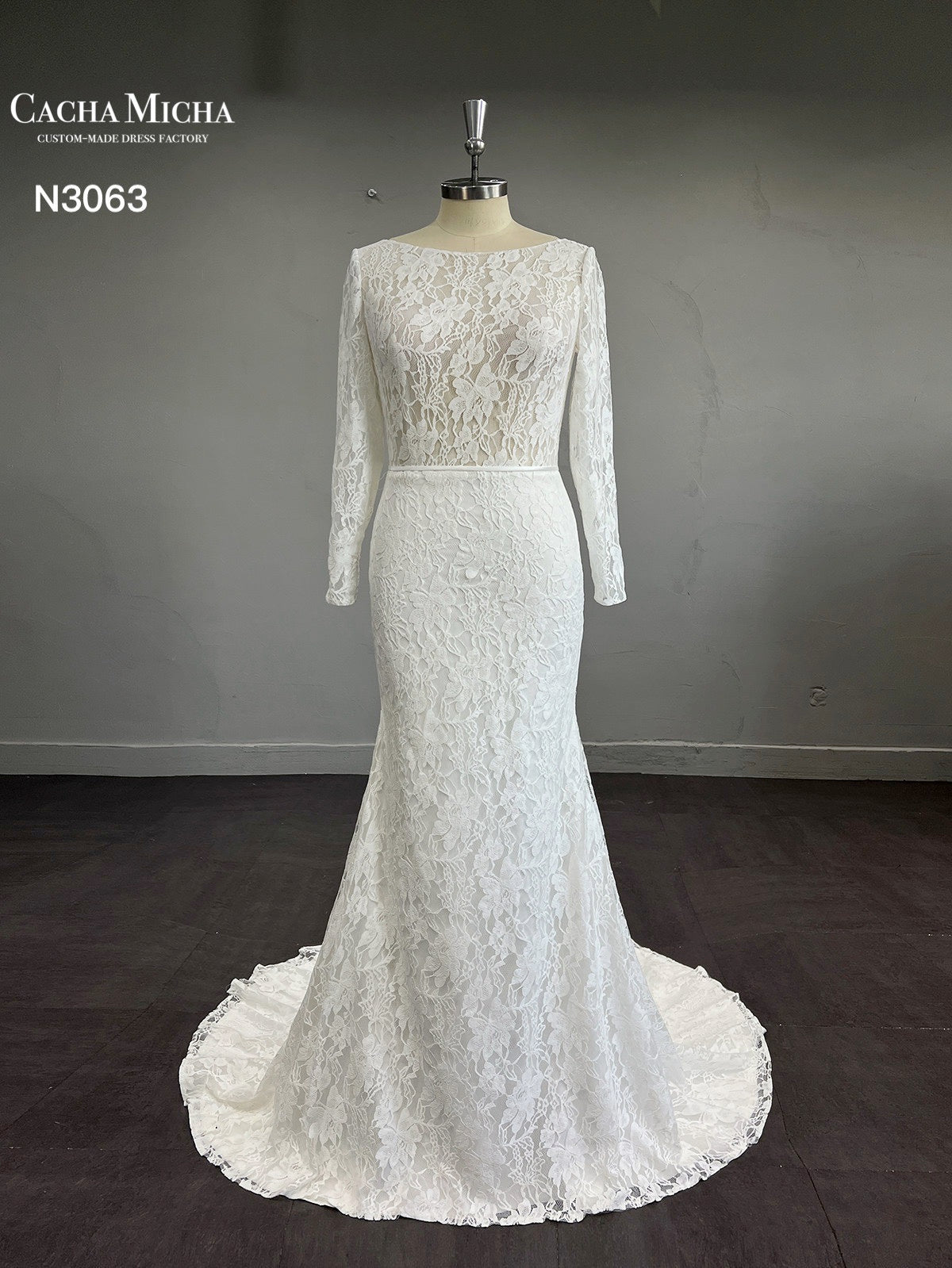 Low Back Long Sleeves Mermaid Lace Wedding Dress N3063