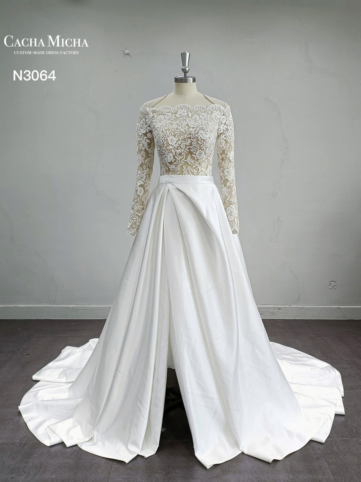 Off Shoulder Lace Top Pleated Satin Aline Wedding Dress N3064
