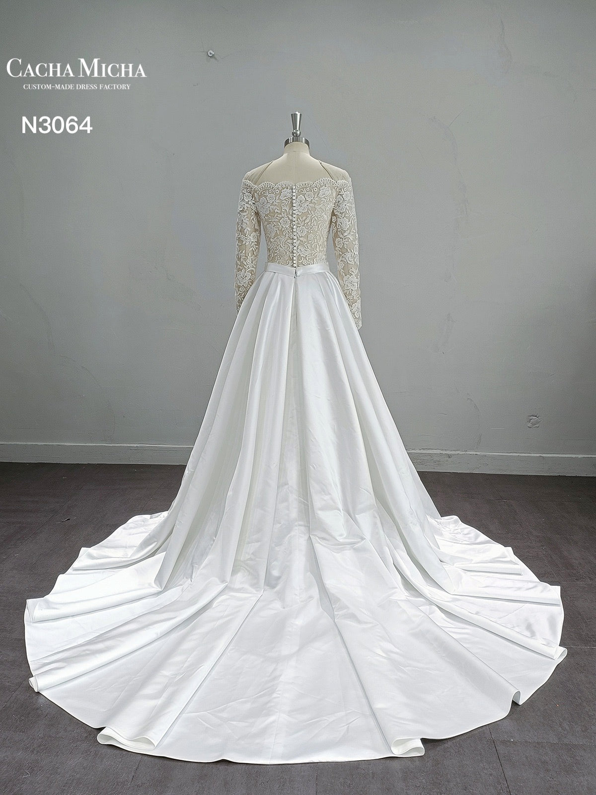 Off Shoulder Lace Top Pleated Satin Aline Wedding Dress N3064