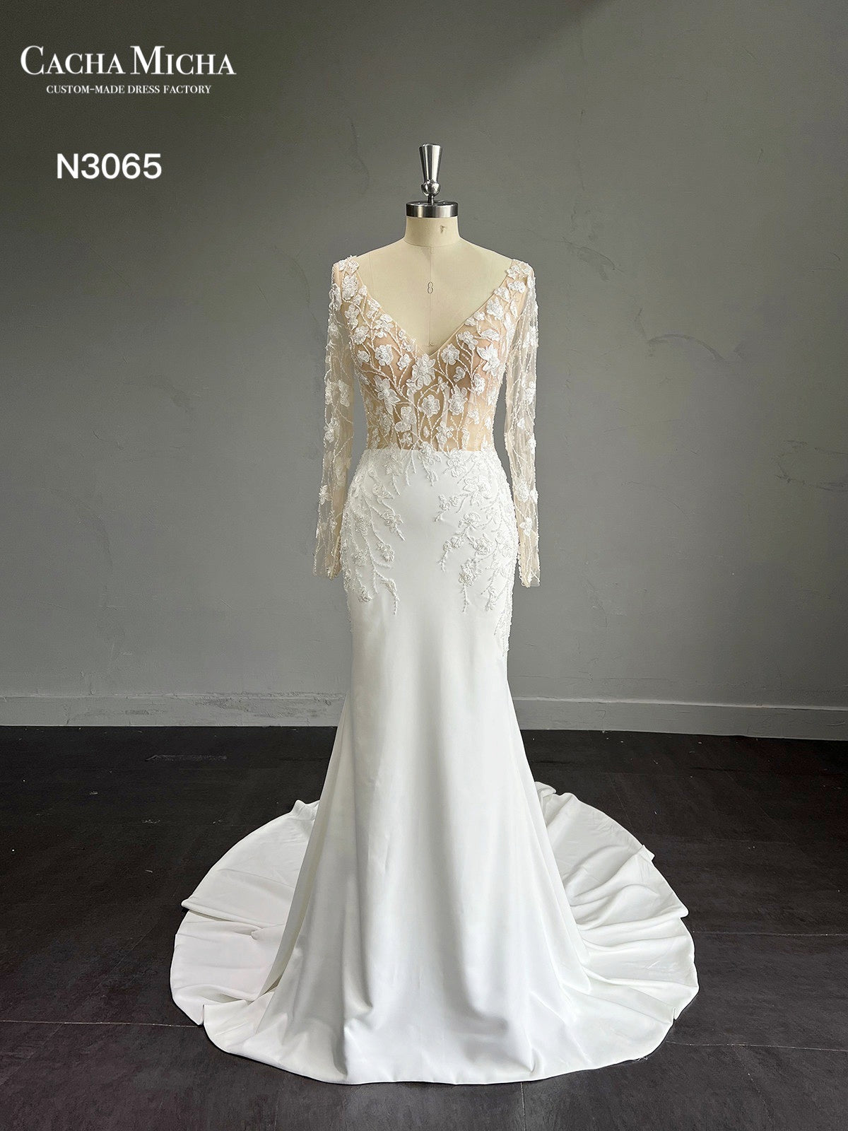 Hand Beaded Long Sleeves Crepe Mermaid Wedding Dress N3065