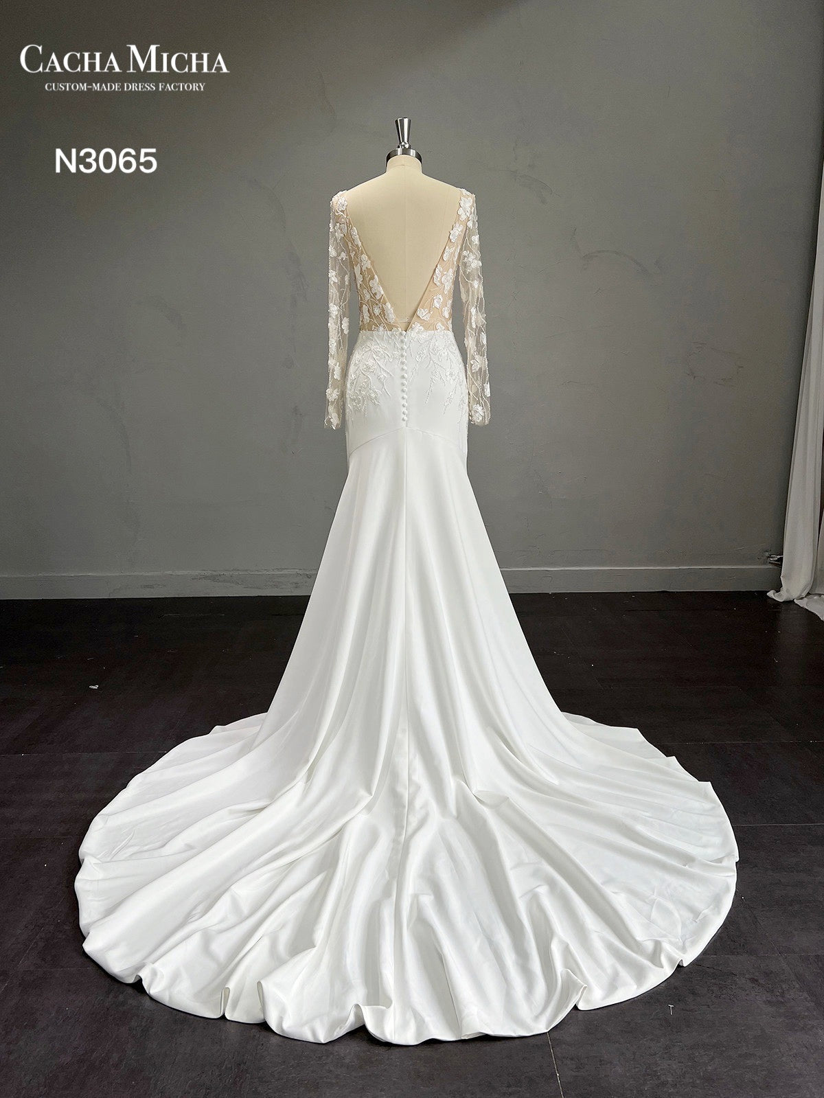 Hand Beaded Long Sleeves Crepe Mermaid Wedding Dress N3065