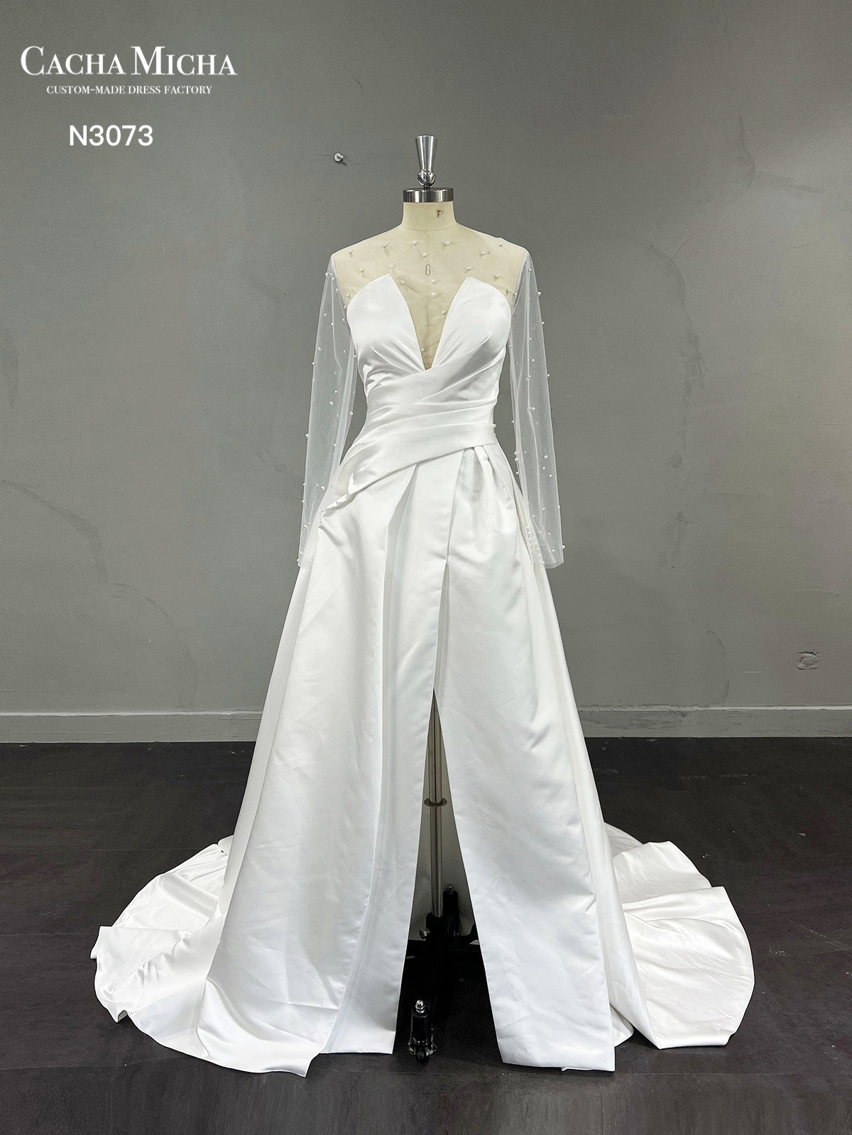 Detachable Pearl Jacket Satin Wedding Dress With Slit N3073