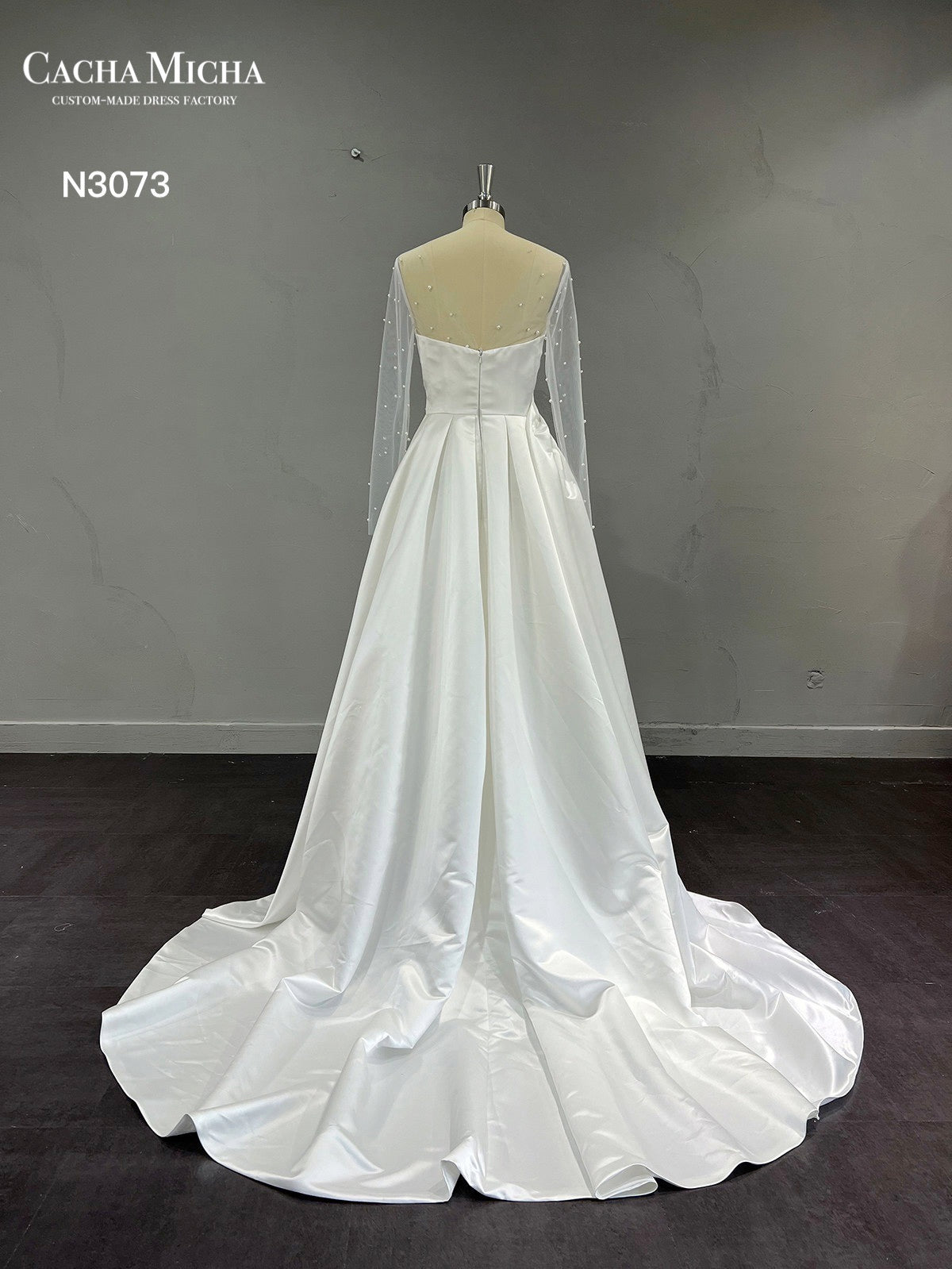 Detachable Pearl Jacket Satin Wedding Dress With Slit N3073