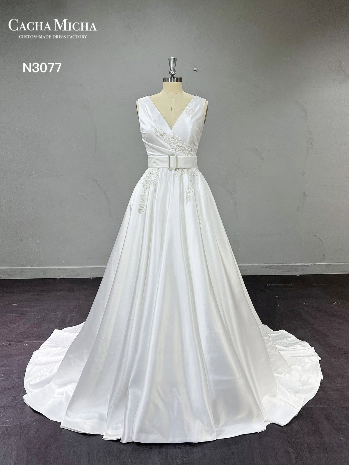 Beaded Lace Pleated A Line Satin Wedding Dress N3077