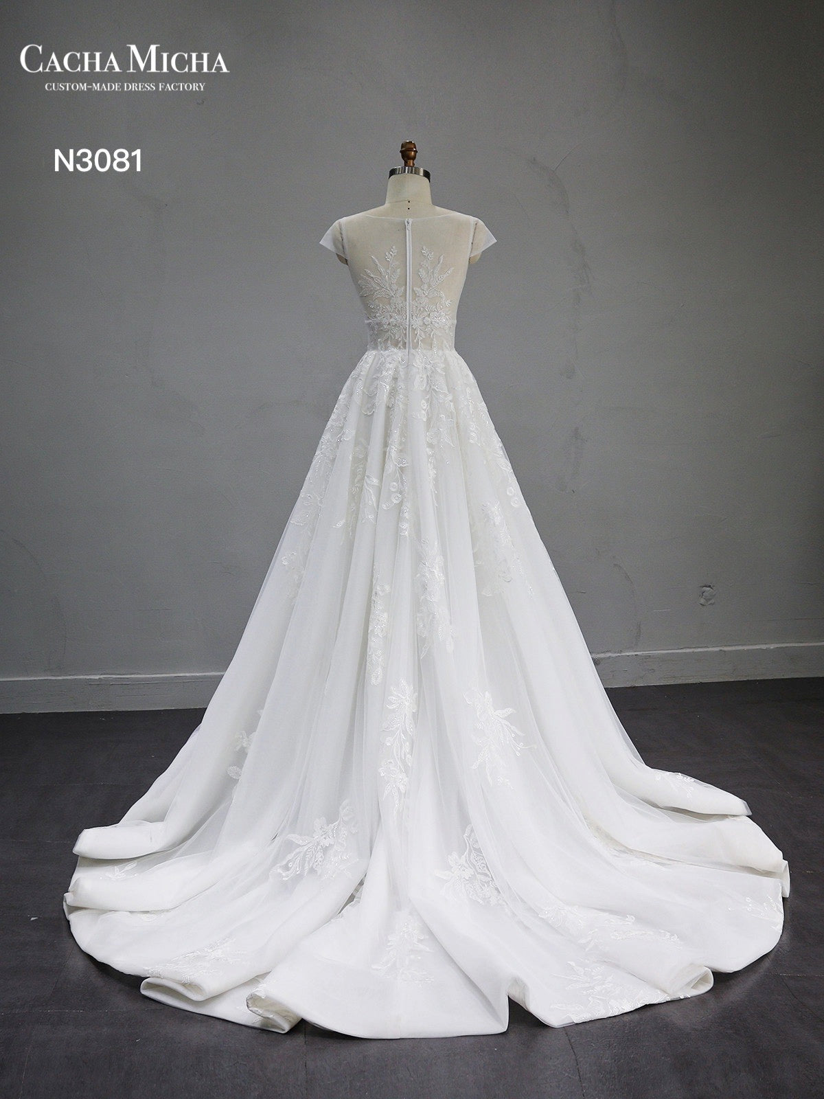 Cap Sleeves Side Slit Lace A Line Wedding Dress N3081