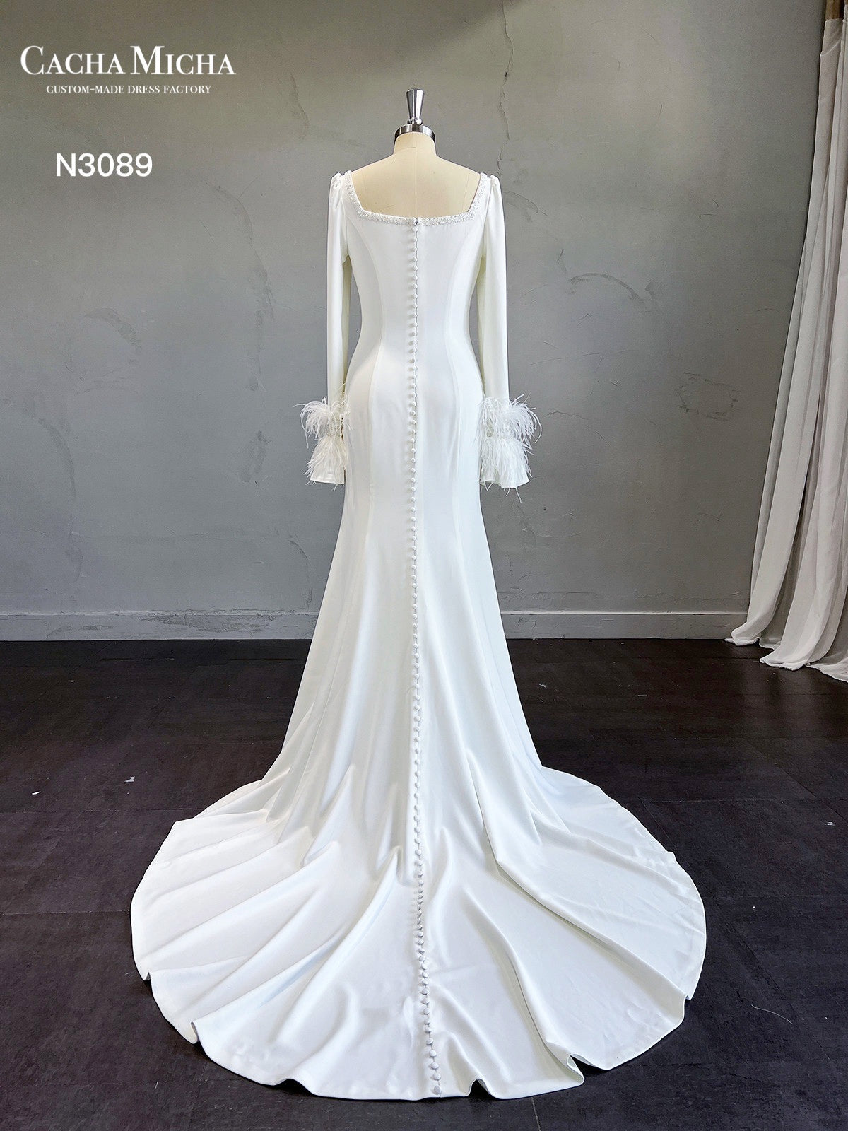 Classic Long Sleeves Crepe Mermaid Wedding Dress N3089