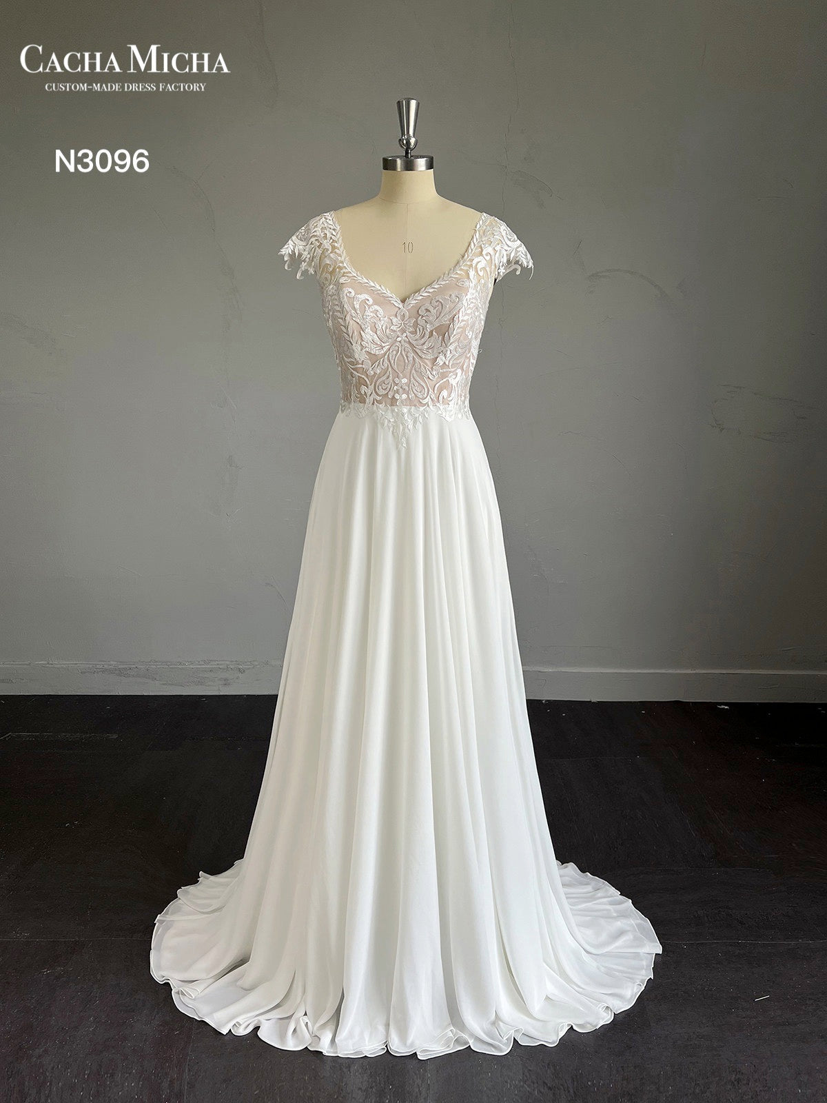 Lace Top Cap Sleeves Chiffon Wedding Dress N3096