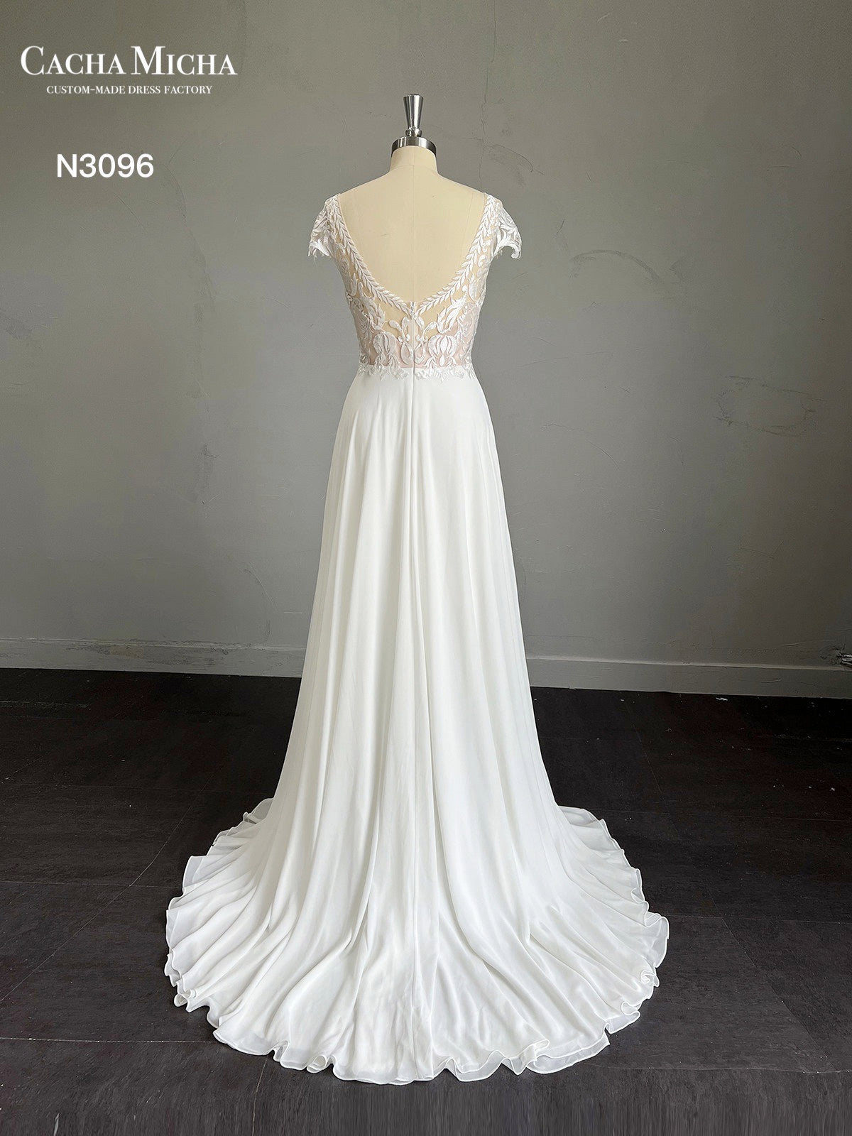 Lace Top Cap Sleeves Chiffon Wedding Dress N3096