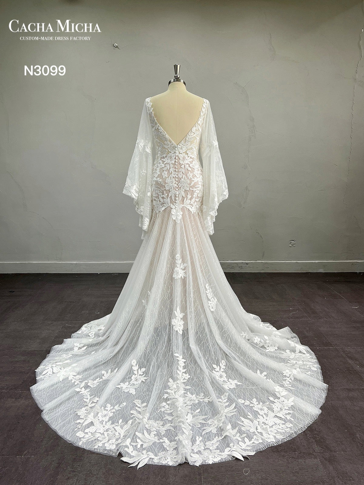 Long Sleeves Sparkle Lace Mermaid Wedding Dress N3099