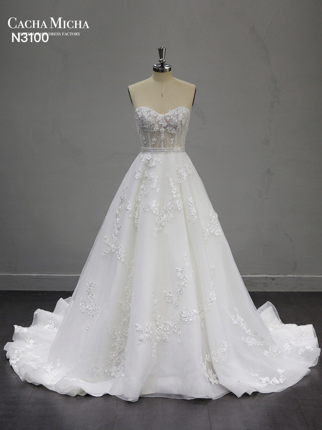 Hand Beaded Lace Ball Gown Wedding Dress N3100