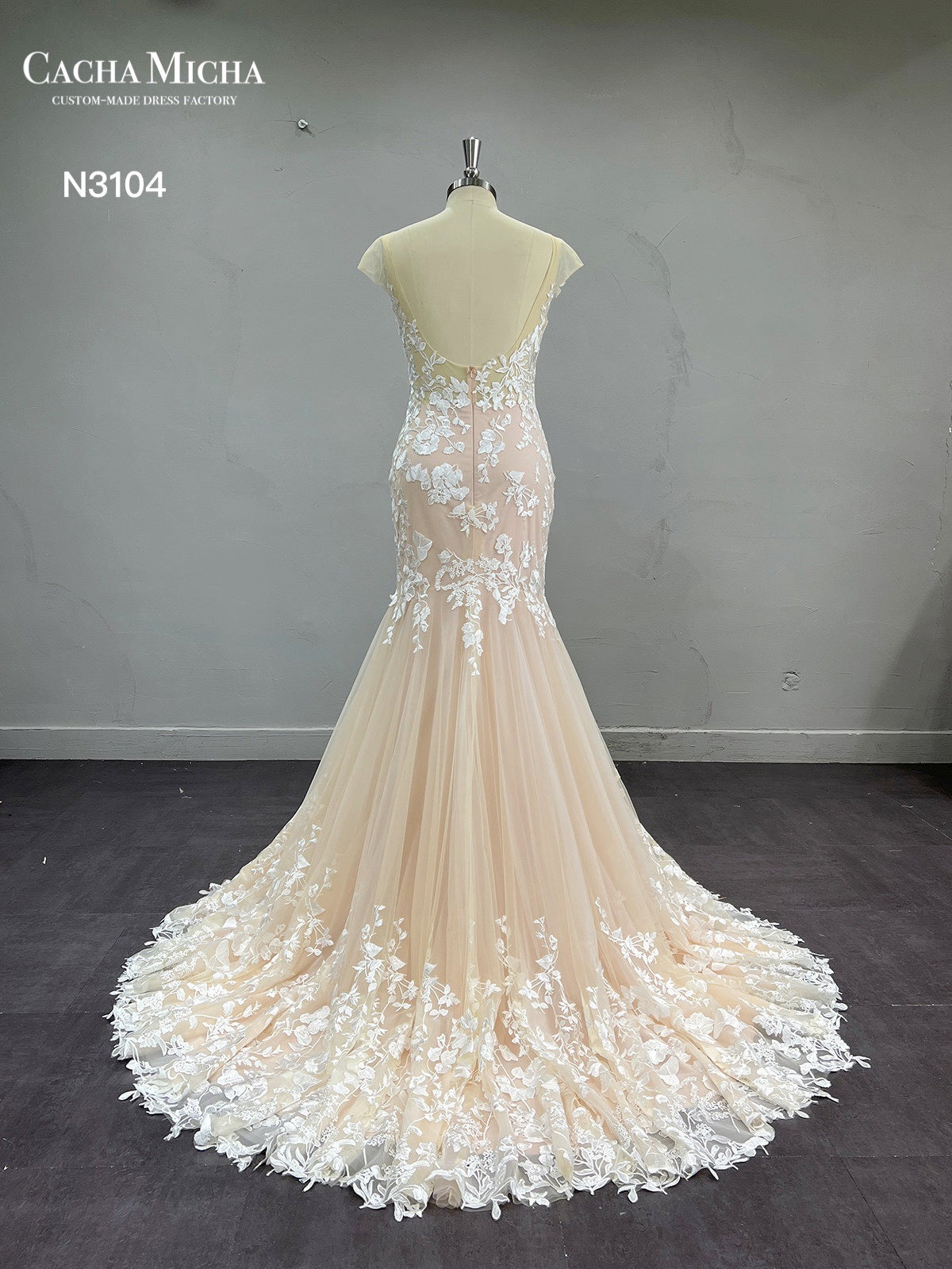 Lace Applique Blush Mermaid Wedding Dress  N3104