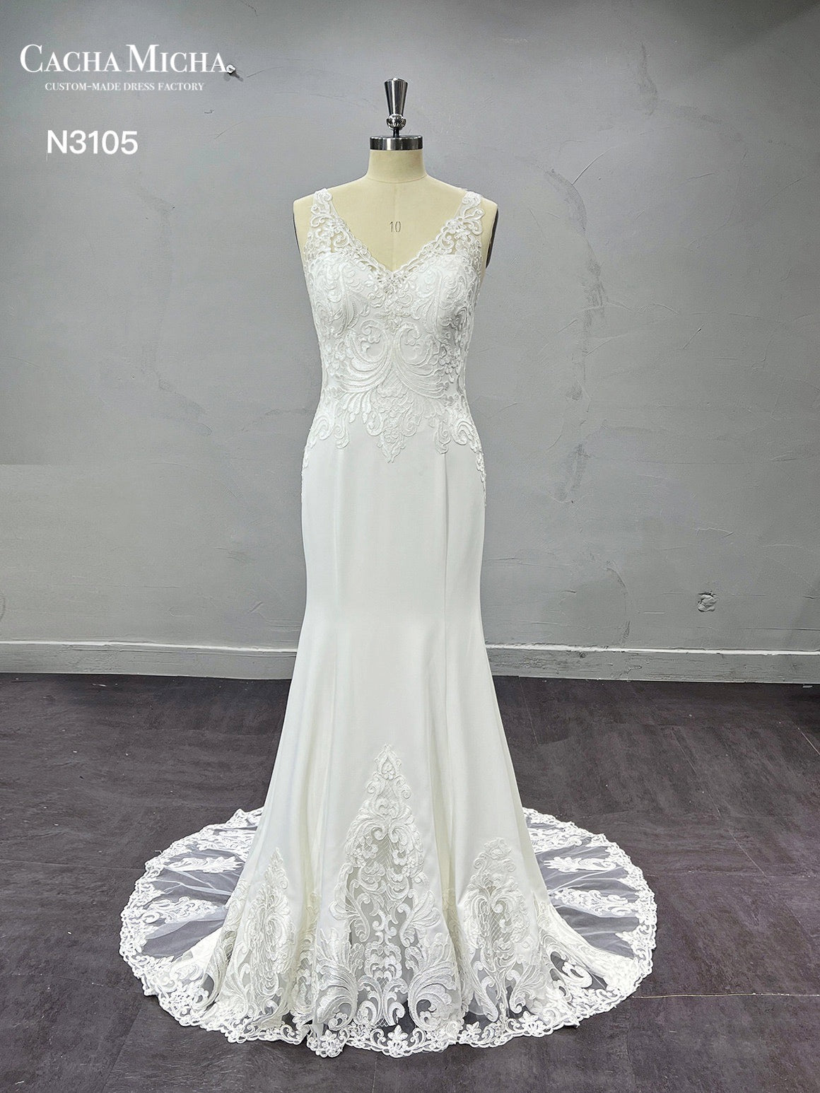 Cut Out Lace Train Crepe Mermaid Wedding Dress N3105