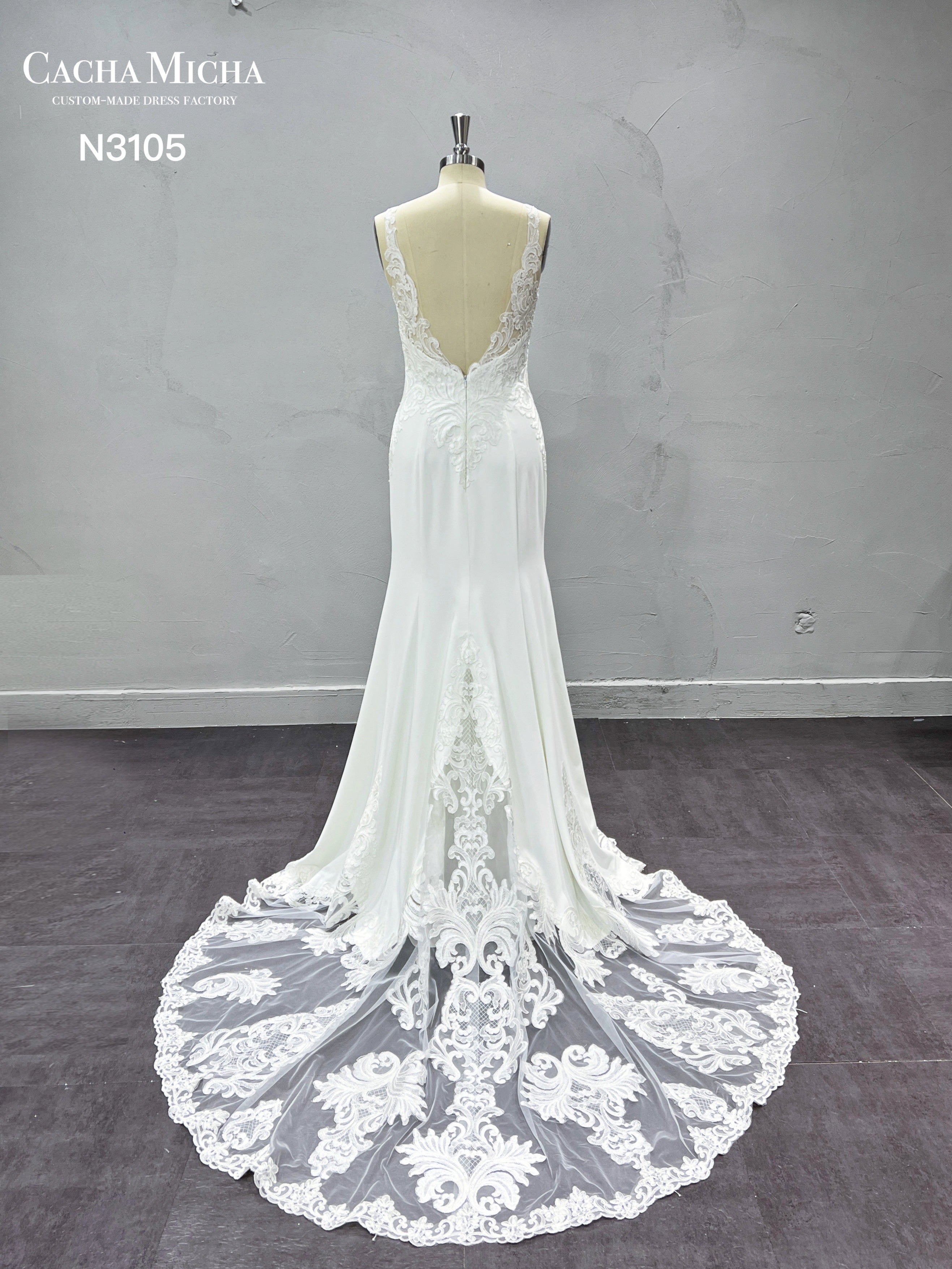 Cut Out Lace Train Crepe Mermaid Wedding Dress N3105