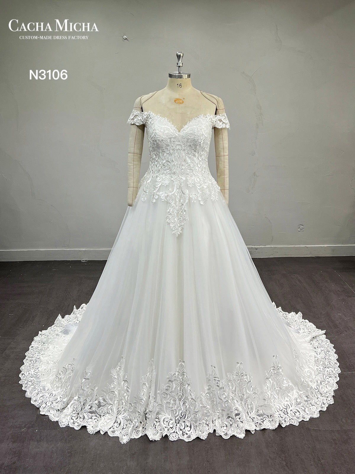 Off Shoulder Lace A Line Wedding Dress N3106