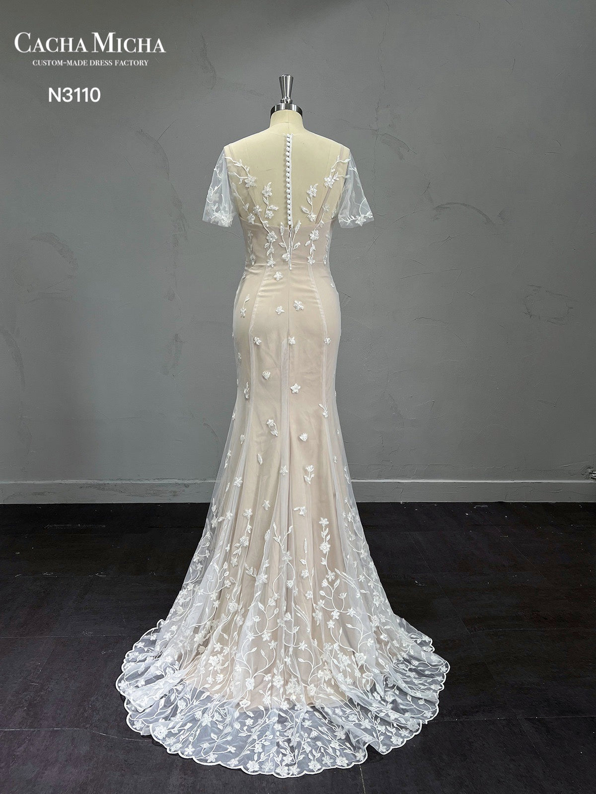 Short SLeeves Champagne Mermaid Wedding Dress N3110