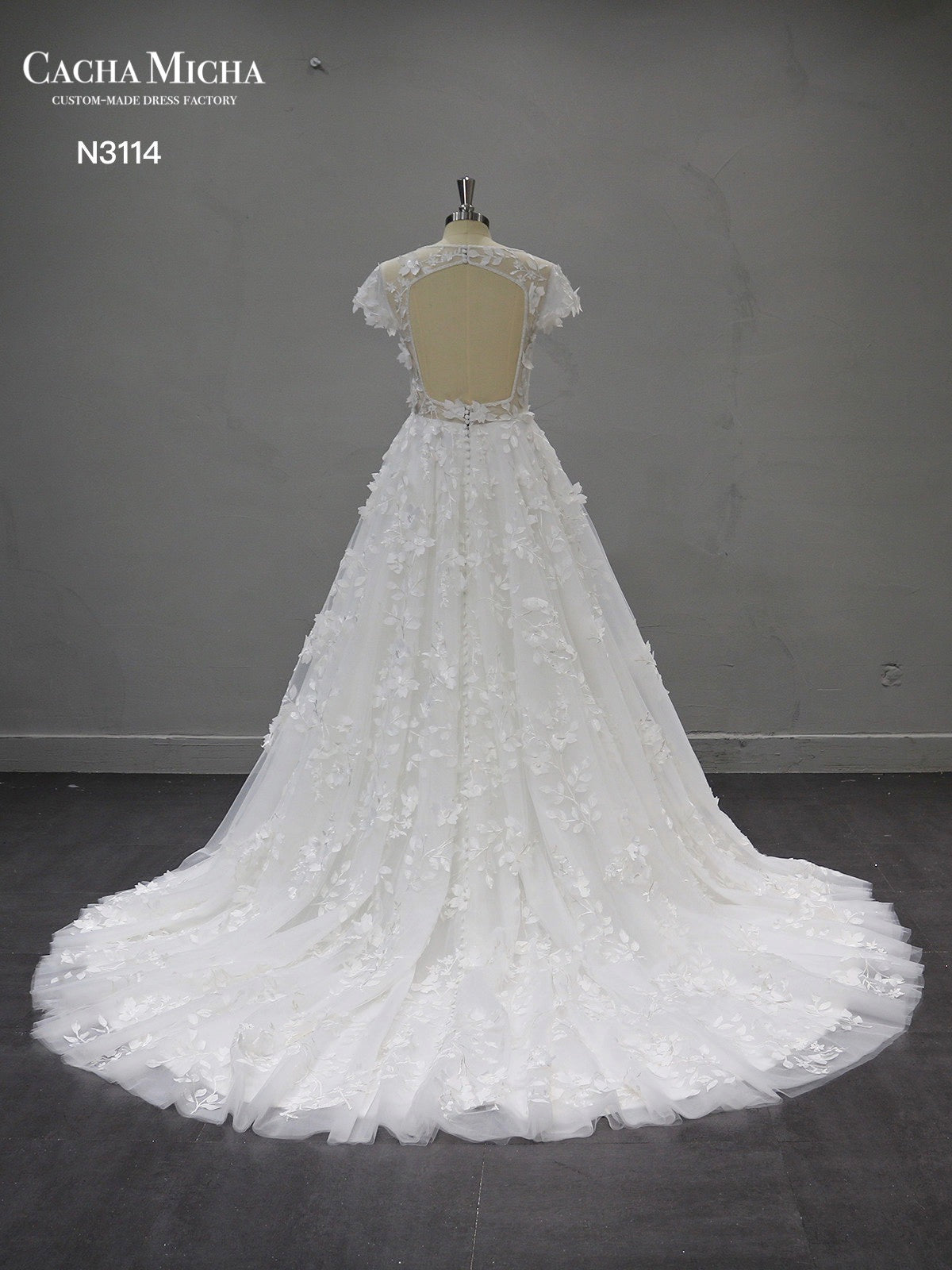 Open Back 3D Lace A Line Wedding Dress N3114